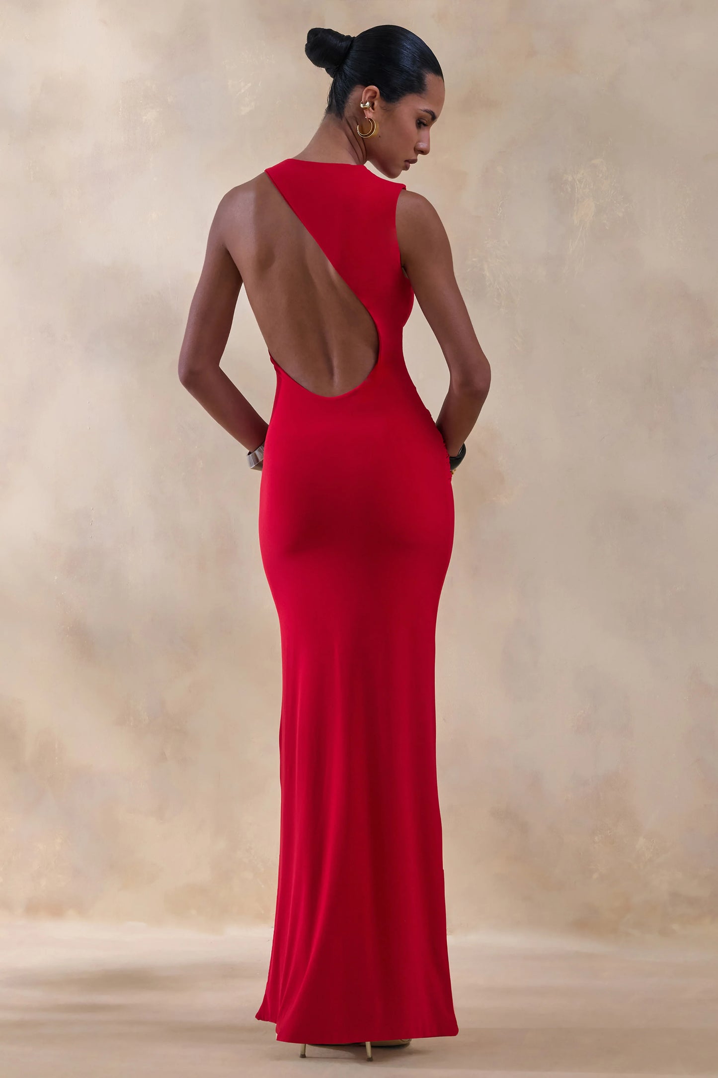 Neile Red Crew-Neck Maxi Dress With Cut-Out and Sash Details