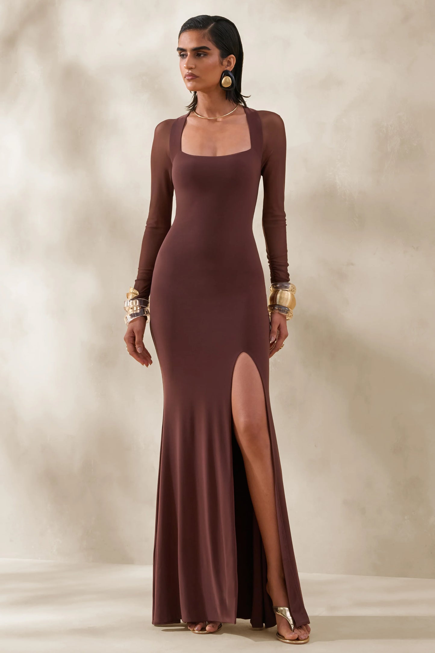 Renalia Brown Square-Neck Maxi Dress With Mesh Long-Sleeves