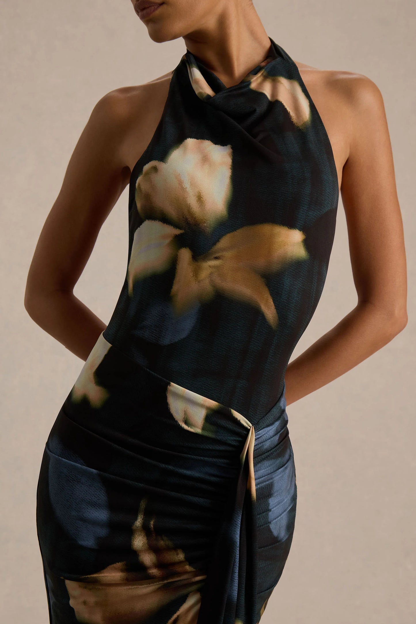 Sunflower Dark Lily Print High-Neck Maxi Dress With Front-High Split