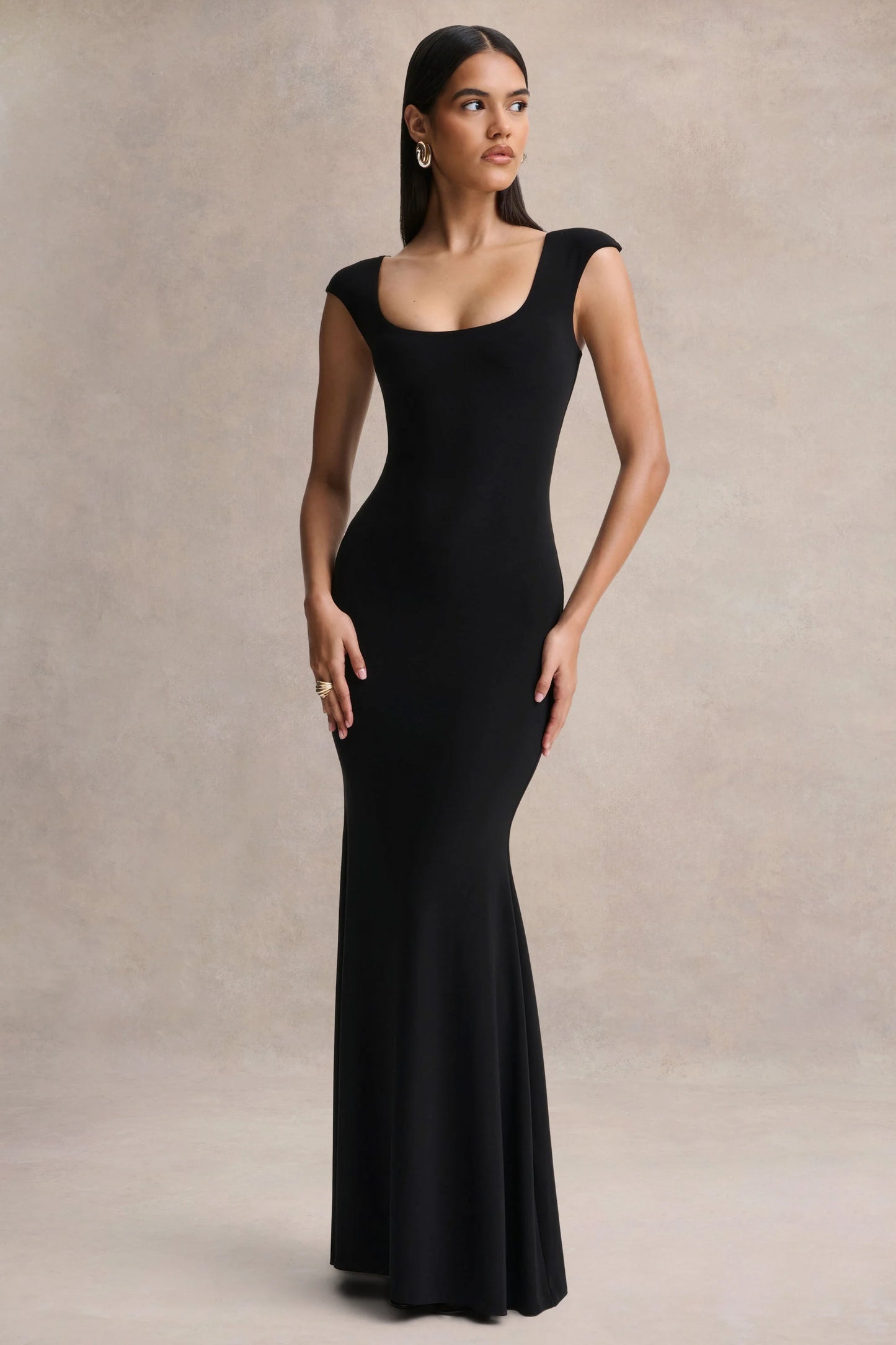 Piper Black Square-Neck Maxi Dress With Cap-Sleeves