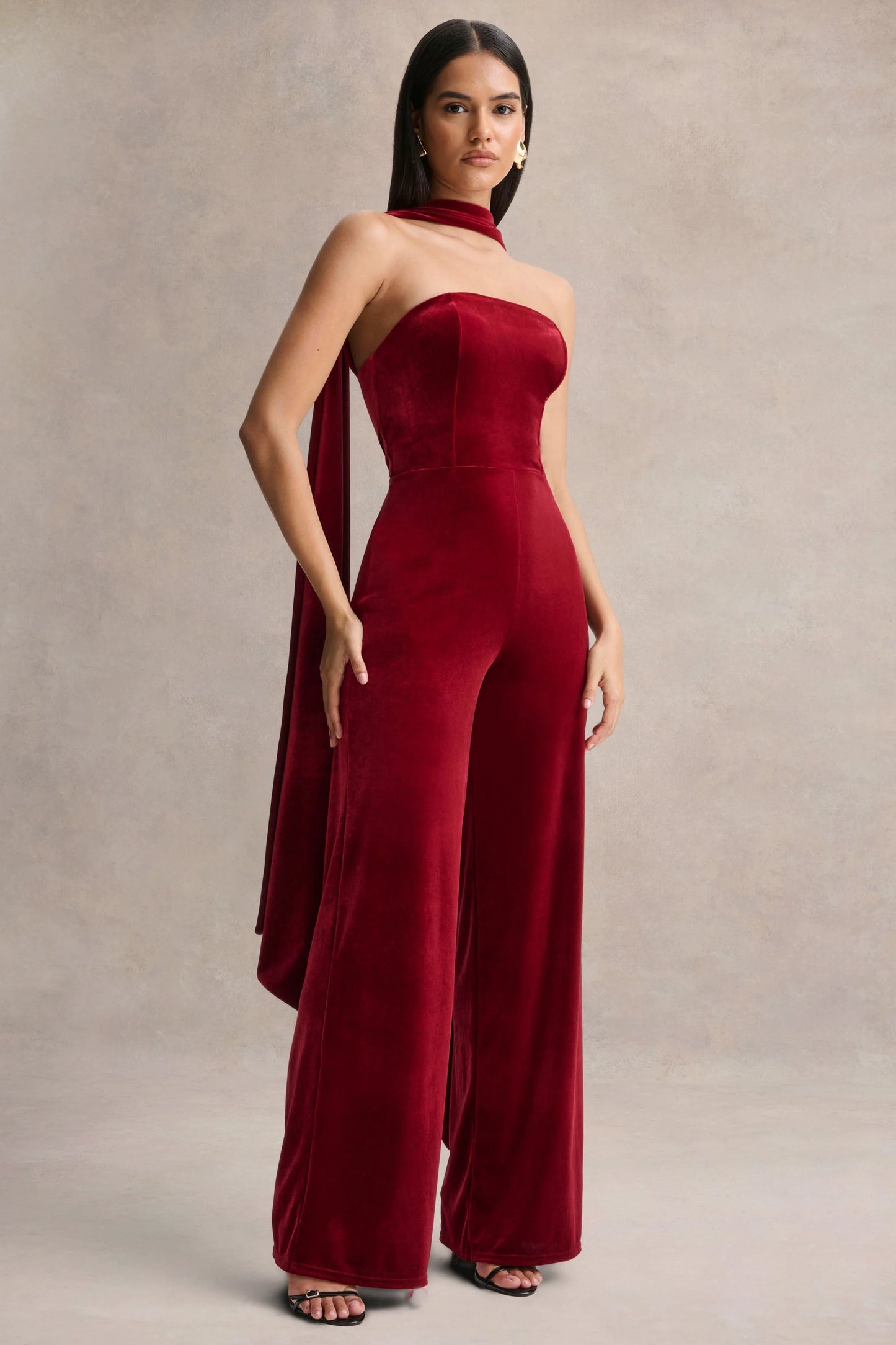 Arcane Burgundy Velvet Bandeau Jumpsuit With Scarf