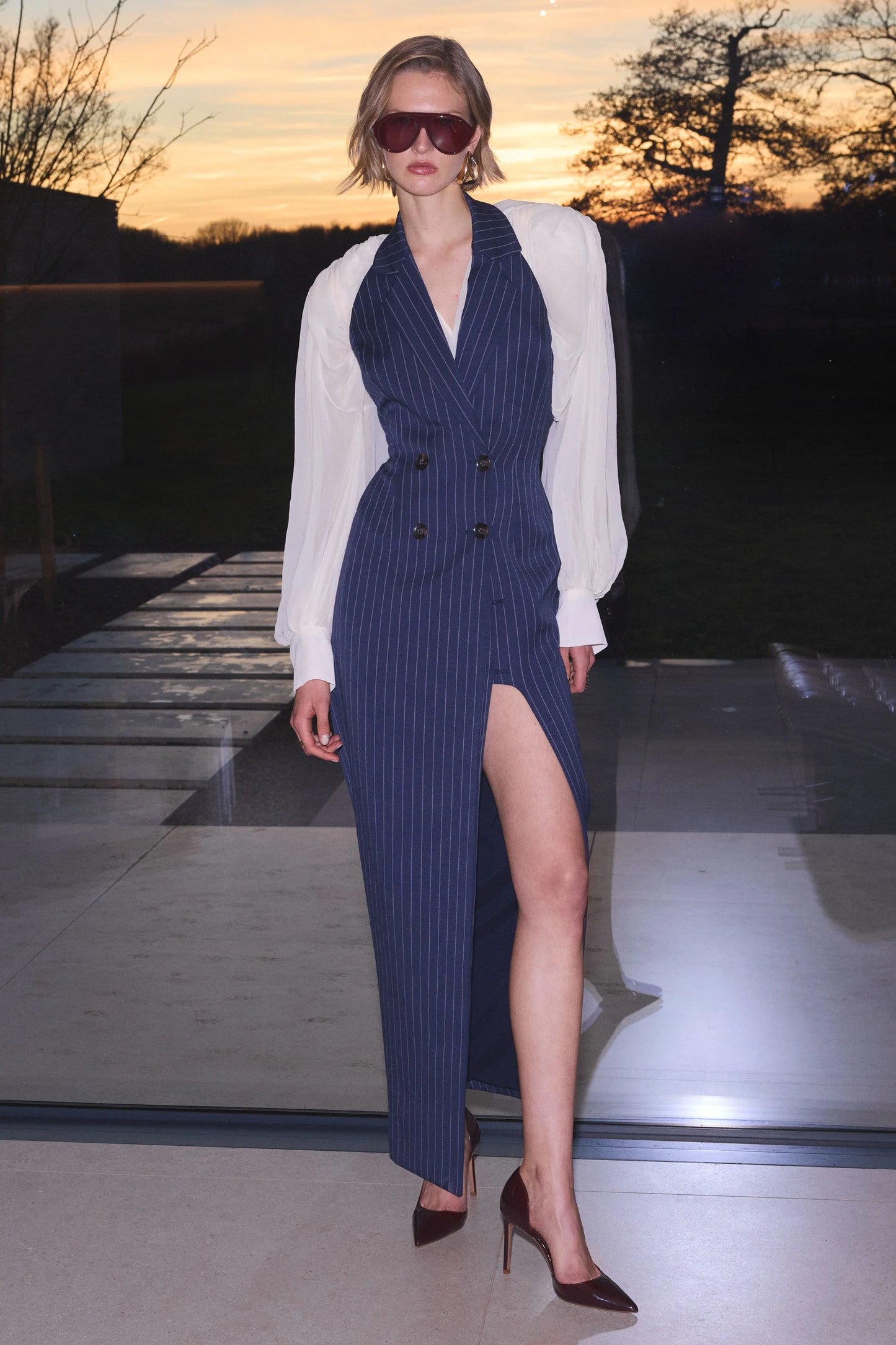 Eve Navy Pinstripe Plunge-Neckline Tailored Maxi Dress