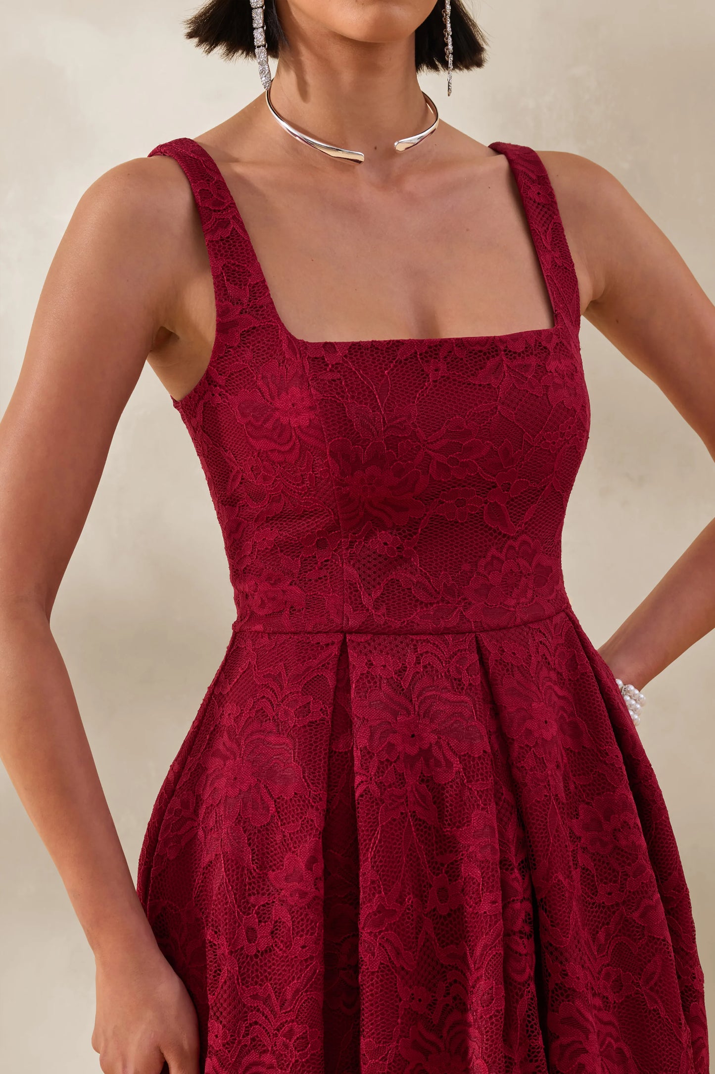 Ashmara Burgundy Lace Square-Neck Midi Dress
