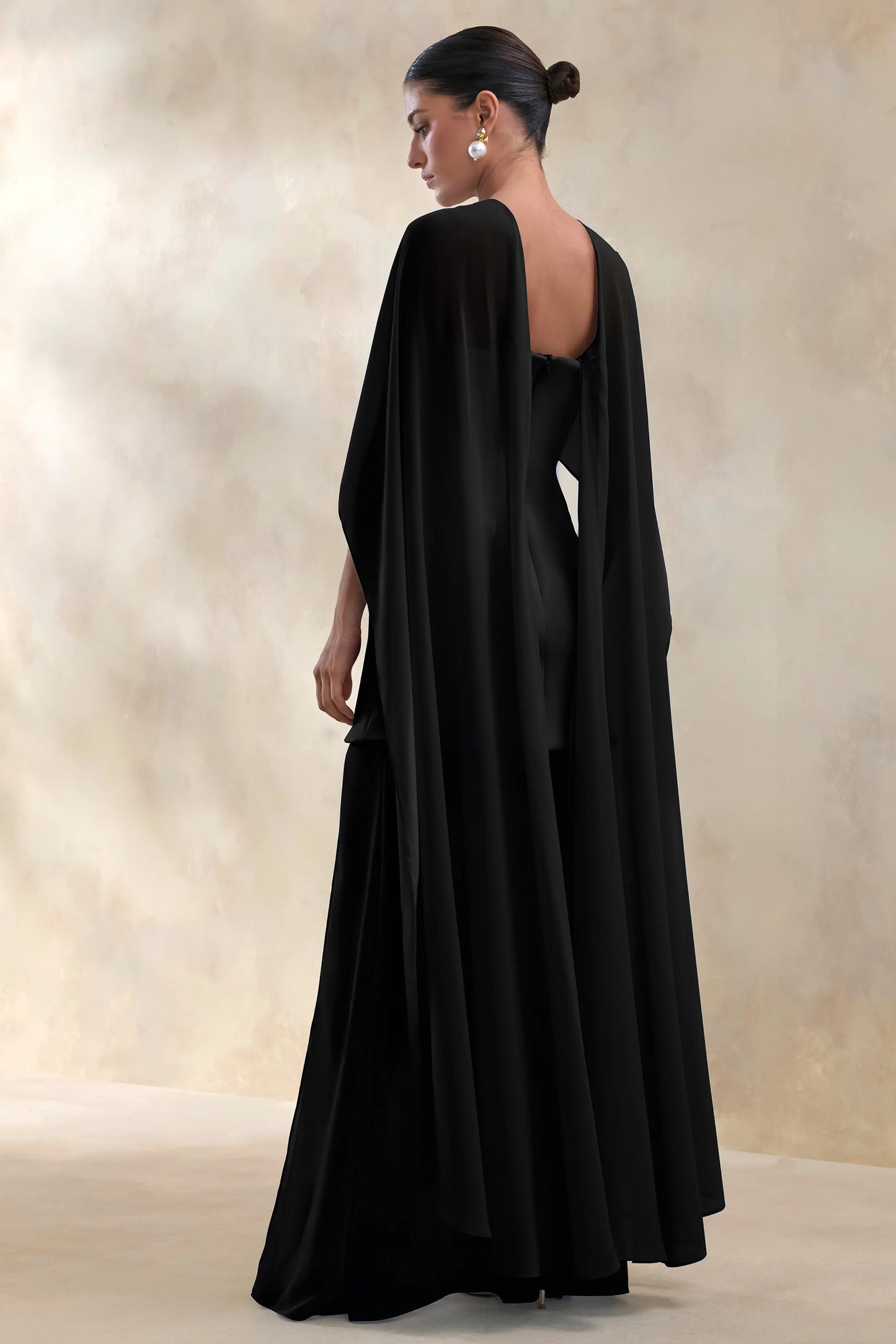 Chessa Black Slashed-Neck Maxi Dress With Sheer Cape