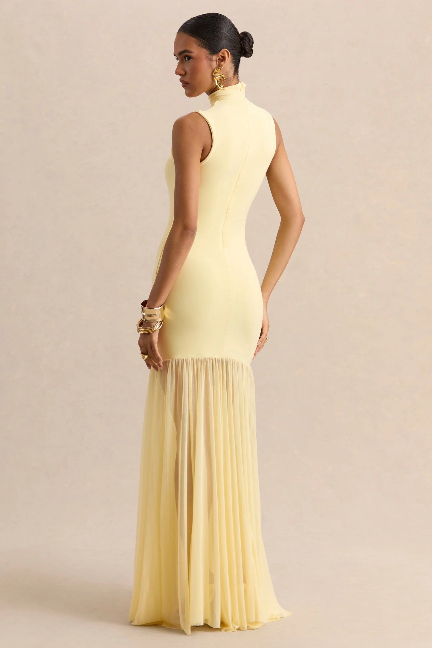 Felina Lemon High-Neck Maxi Dress With Sheer-Skirt