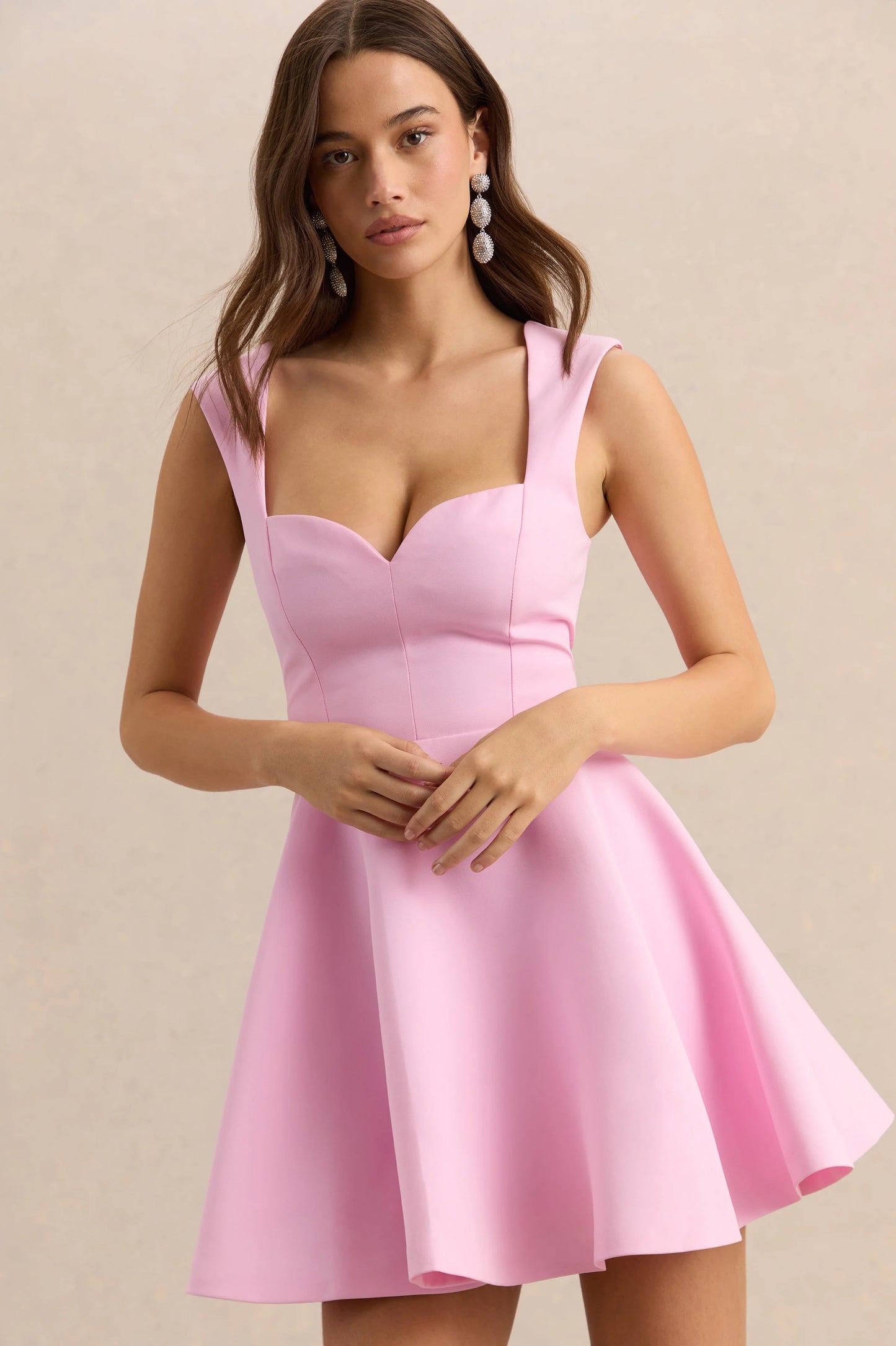 Katya Light Pink Sweetheart-Neck Skater Mini Dress