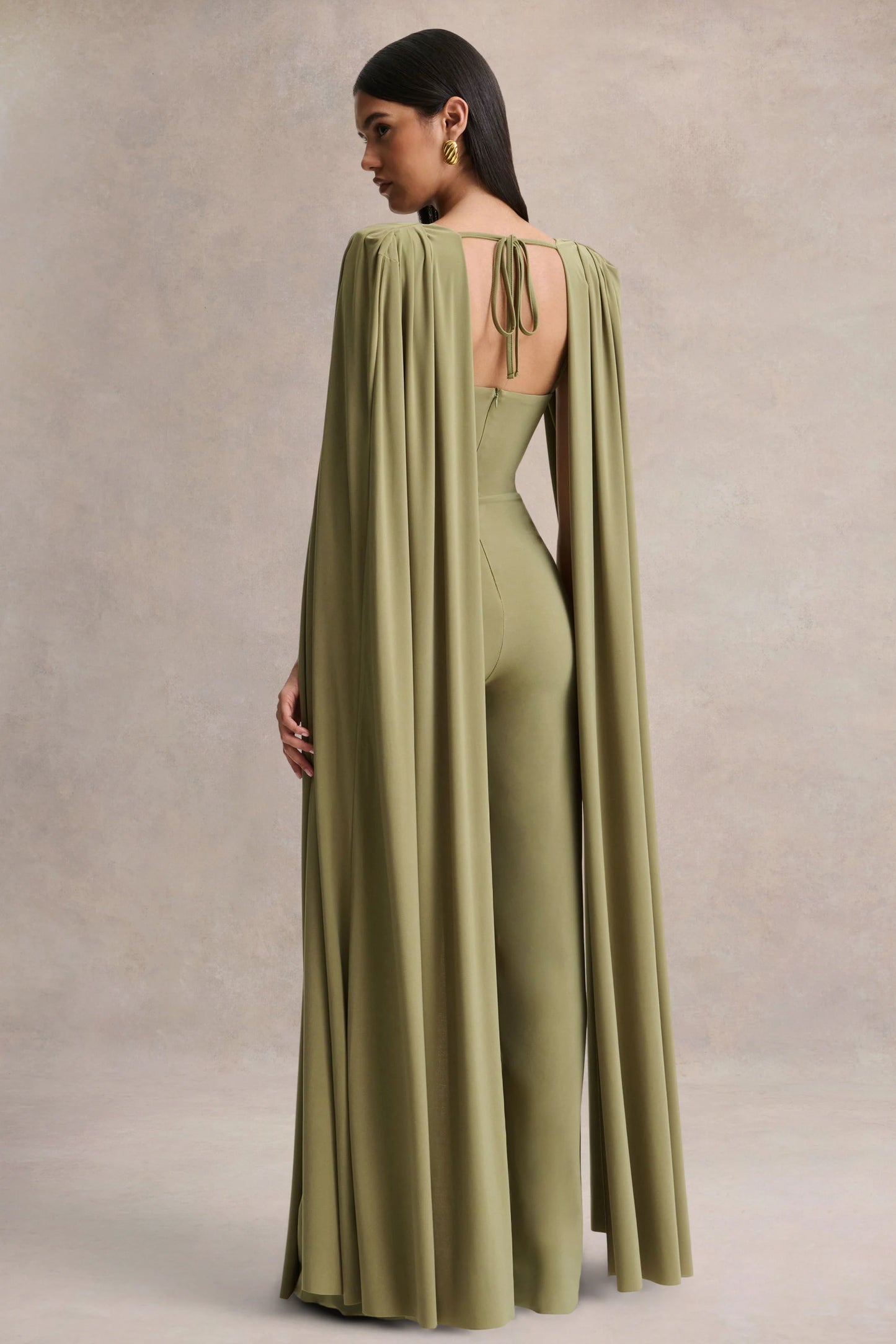 Labina Green Plunge-Neck Jumpsuit With Cape-Sleeves