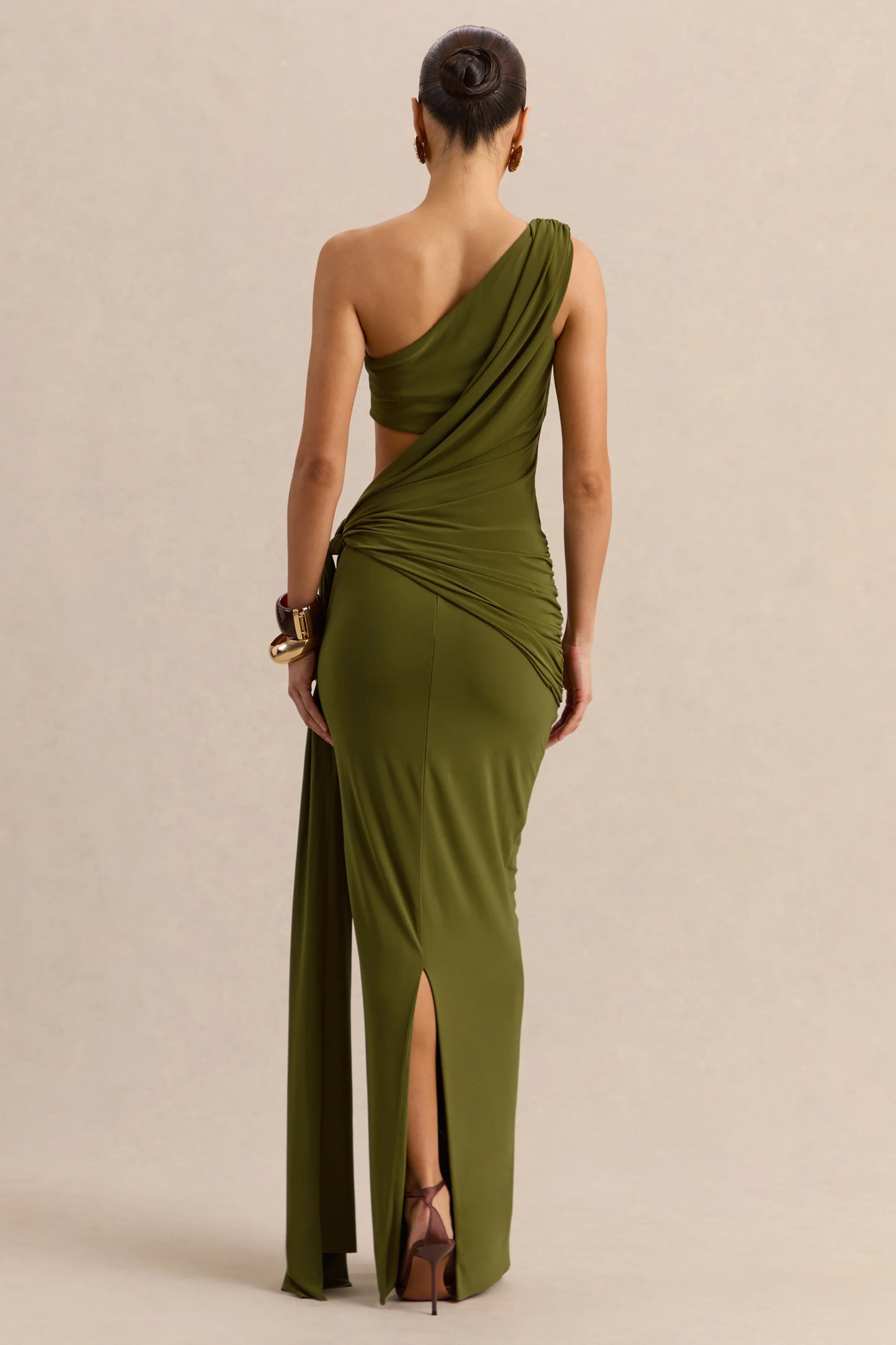 Clarosia Green Asymmetric-Neck Maxi Dress With Cut-Out With Sash