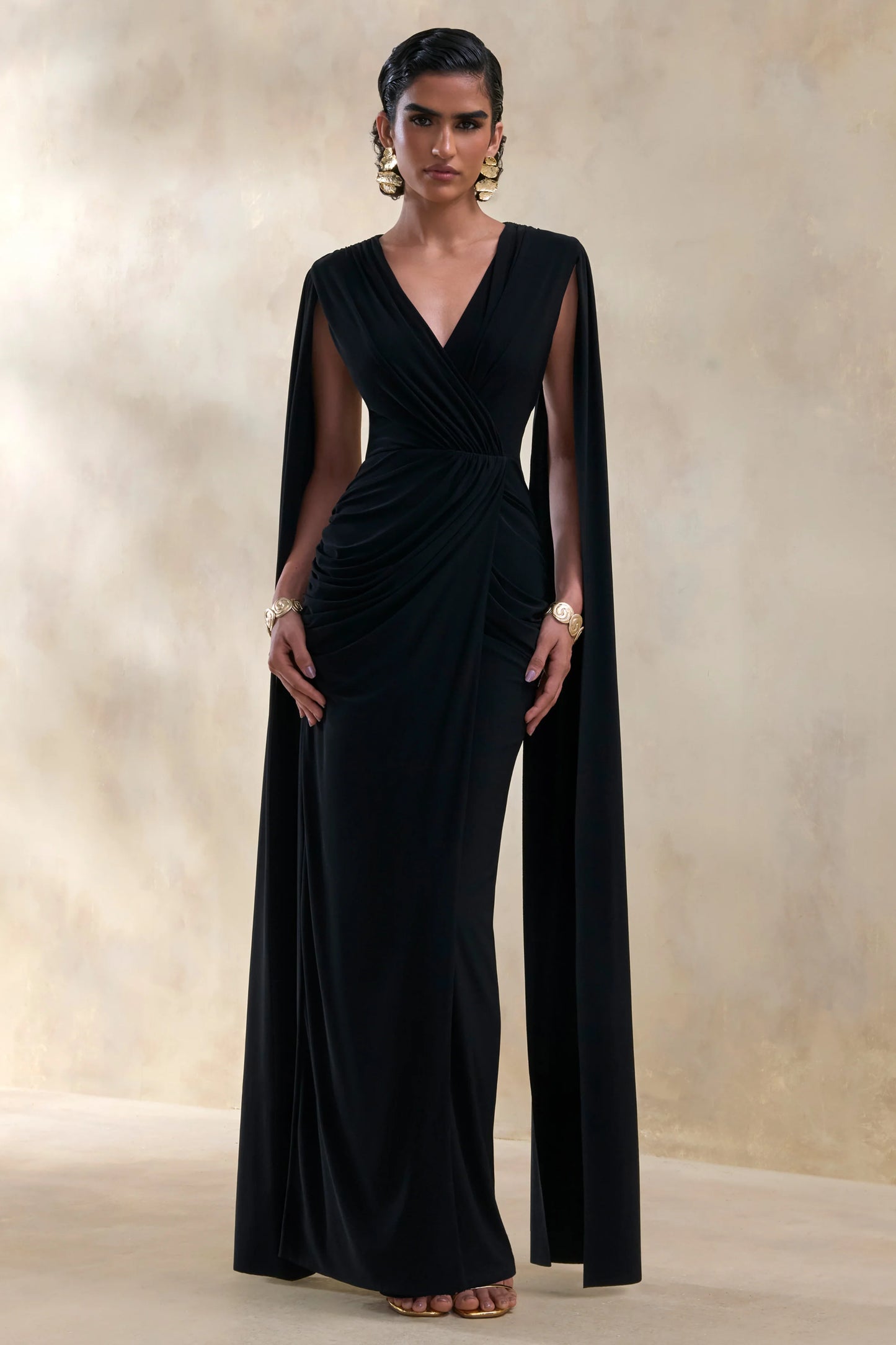 Ulissia Black V-Neck Maxi Dress With Cape-Sleeves