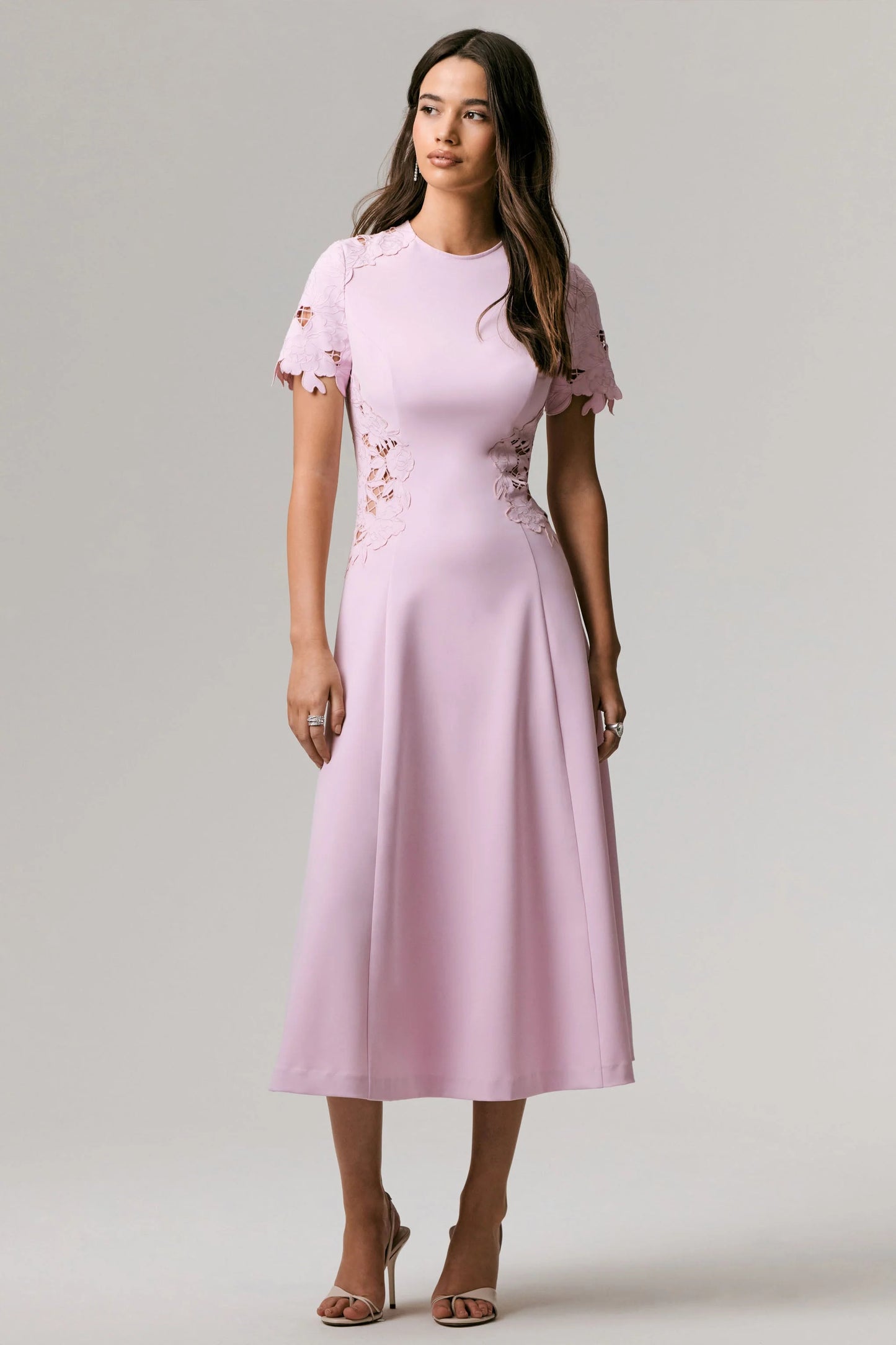 So Sweet Pink Crew-Neck Midi Dress With Cut-Out Embroidered Detailing