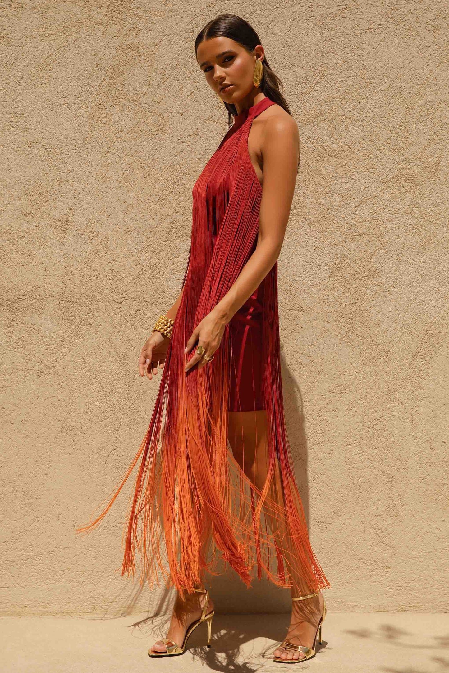 Alessia Orange Ombre Fringe High-Neck Maxi Dress