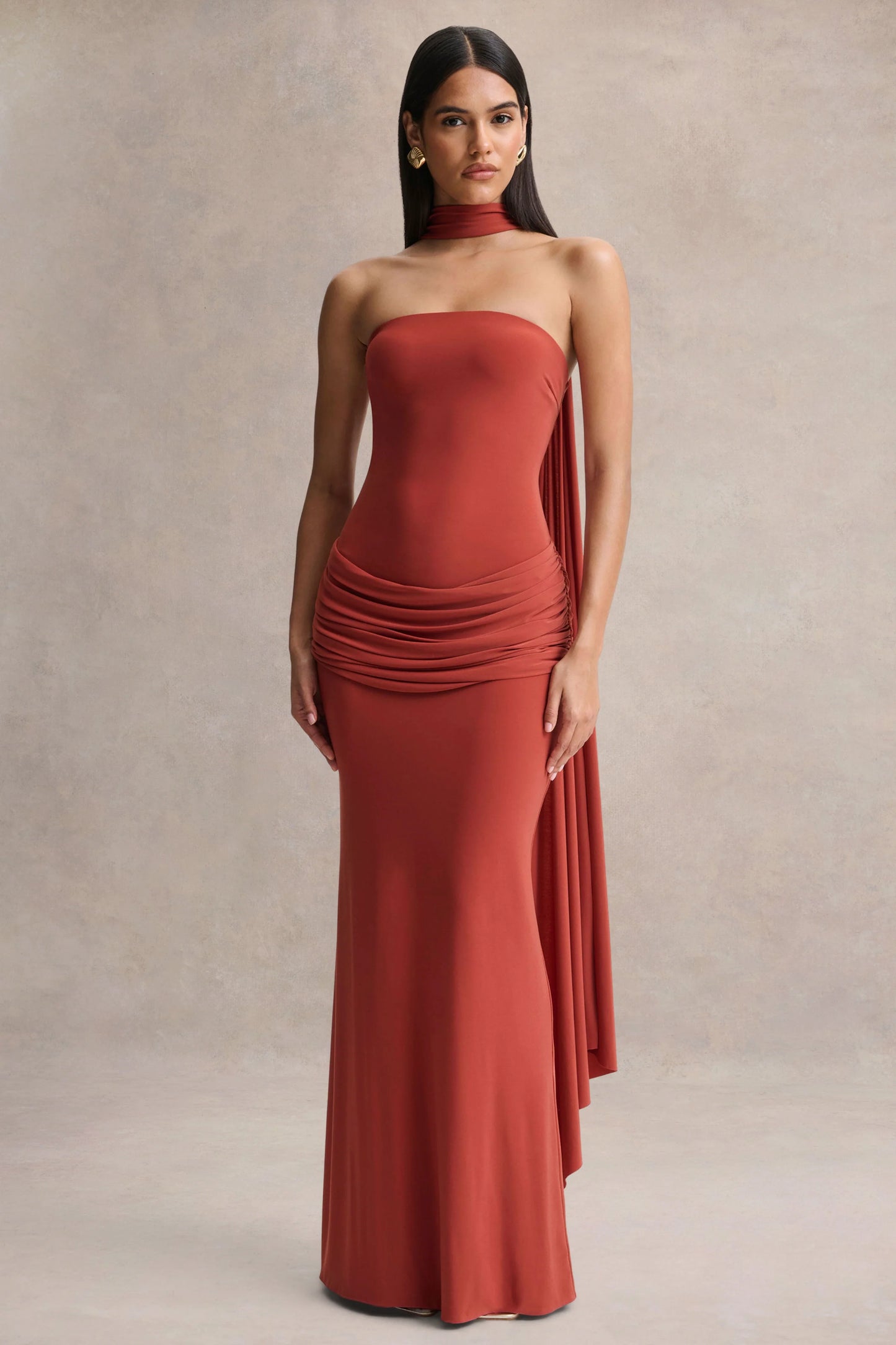 Graciella Rust Bandeau Maxi Dress With Draped Detailing And Scarf