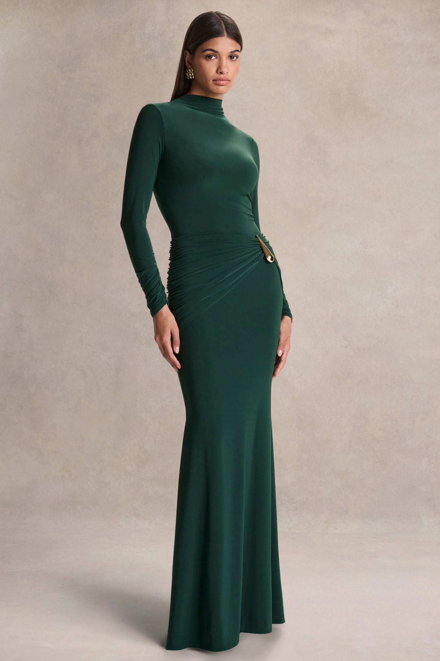 Solarium Dark Green Long-Sleeve Maxi Dress With Gold Detail