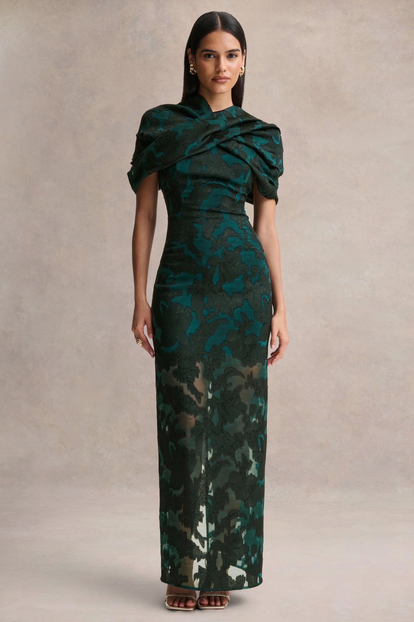 Hada Dark Green Satin Devore Square-Neck Maxi Dress With Removable Twisted-Cape