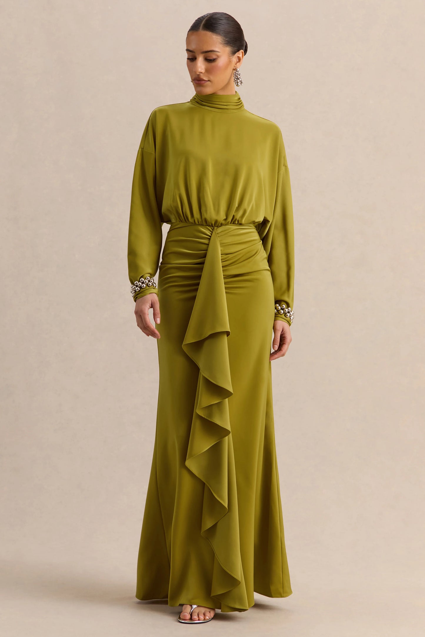 Perla Olive High-Neck Maxi Dress With Gathered-Detailing