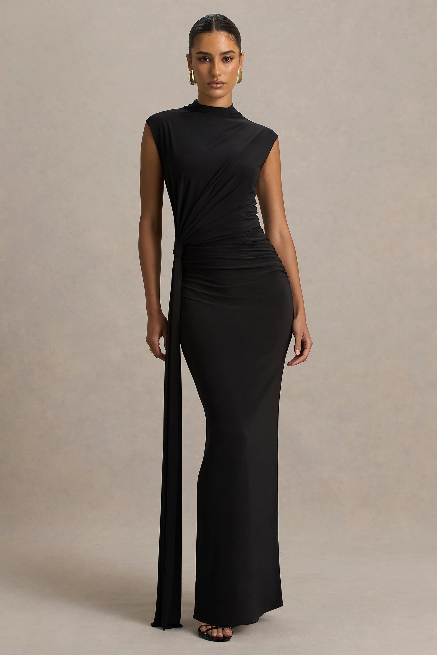 Solene Black High-Neck Maxi Dress With Wrap And Drape Detail