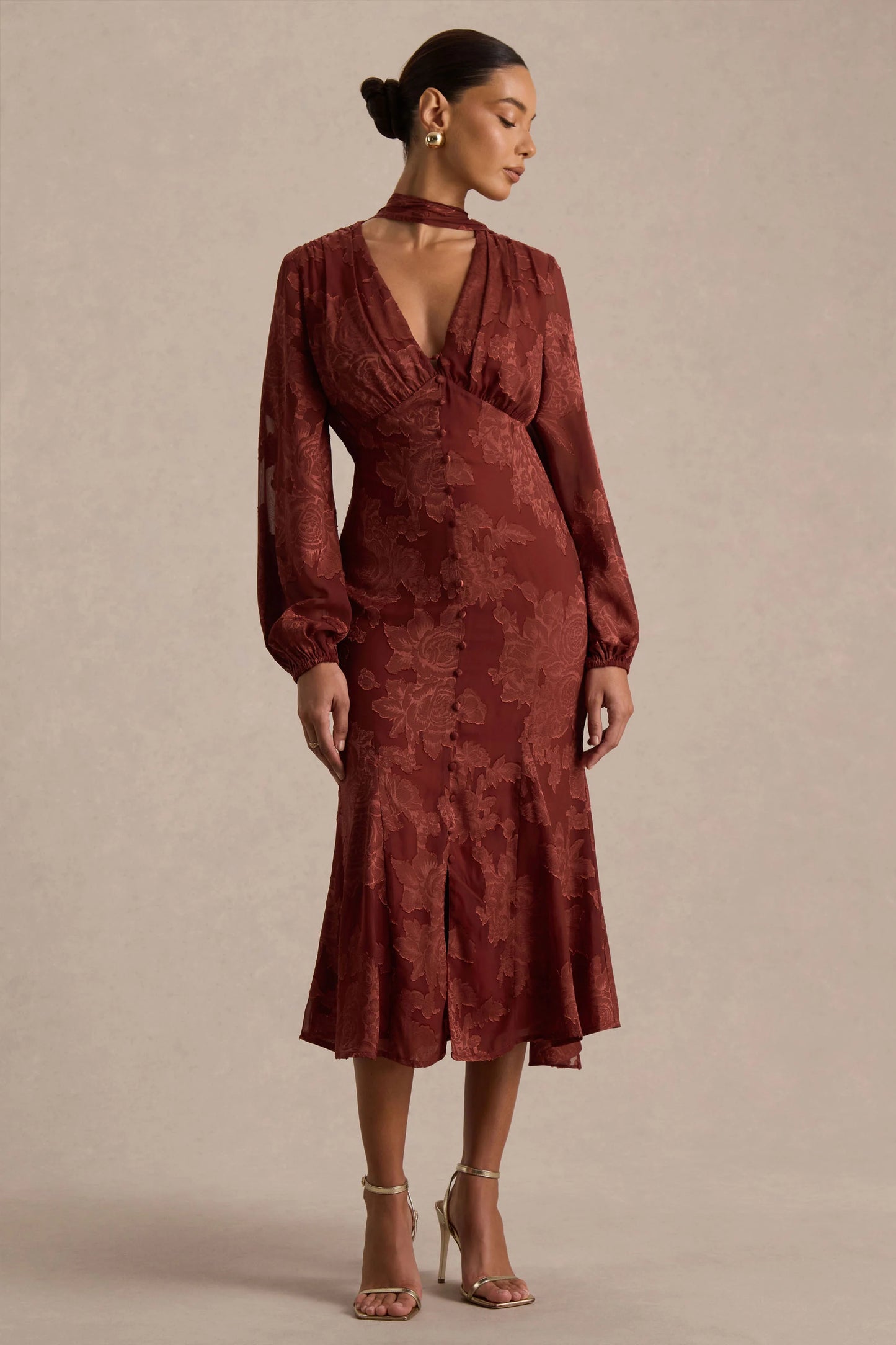 Sabina Rust Devore Plunge-Neck Midi Dress