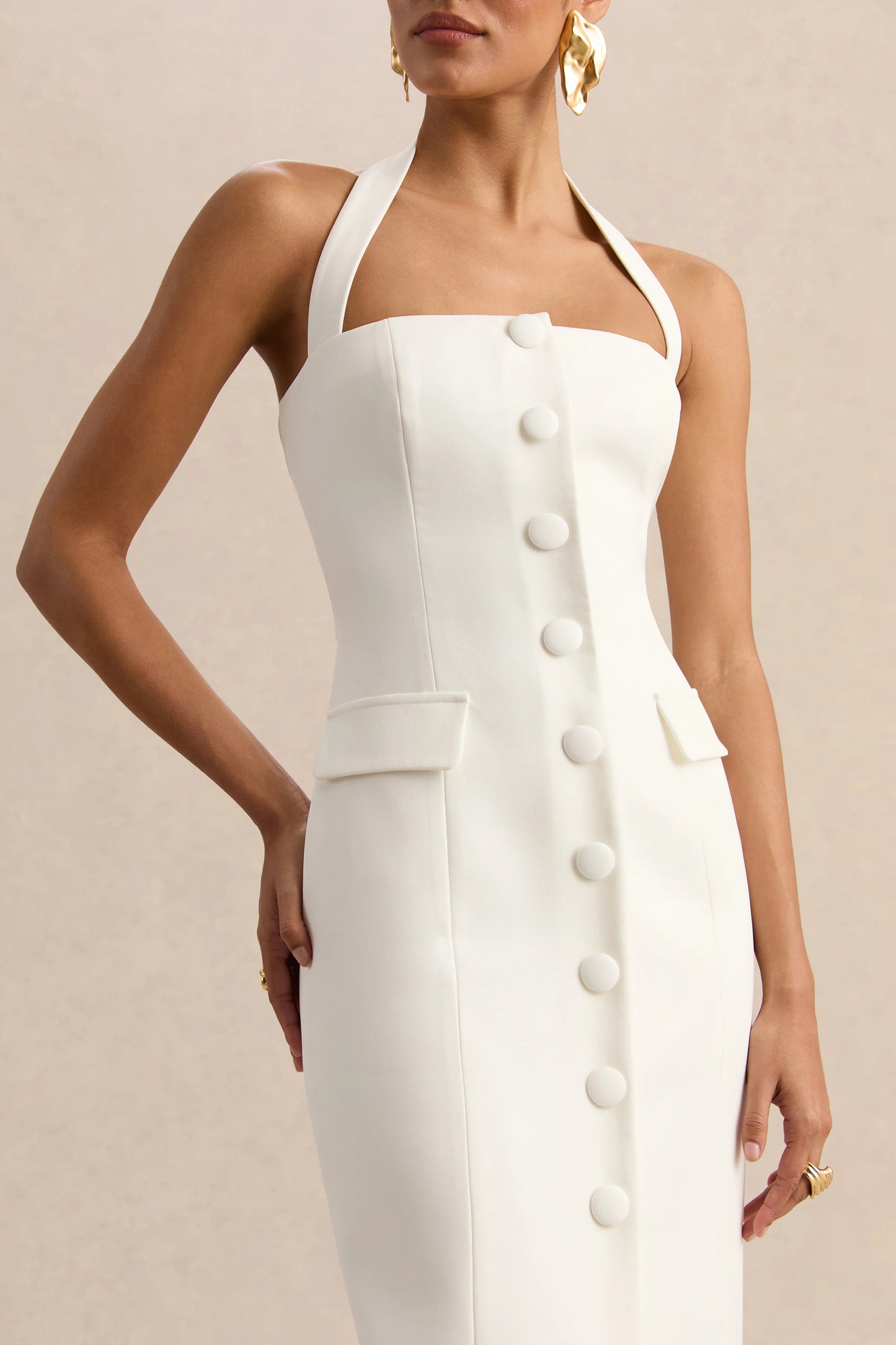Steph White Halter-Neck Tailored Maxi Dress