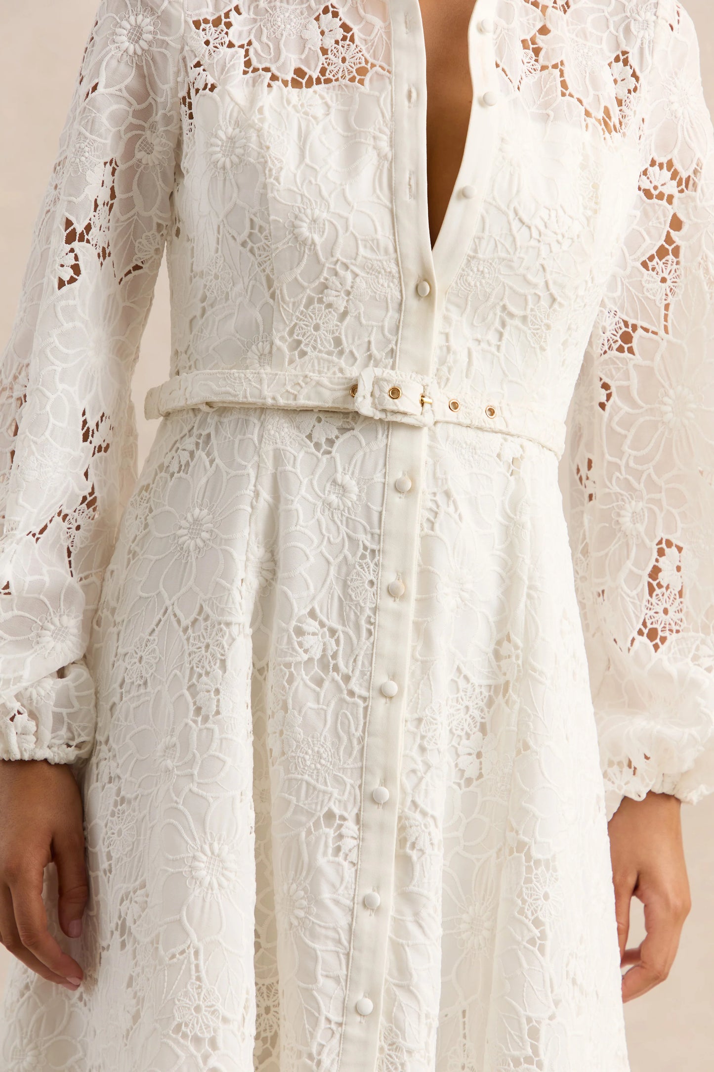 Jules Cream Broderie High-Neck Tailored Midi Dress With Puff-Sleeves