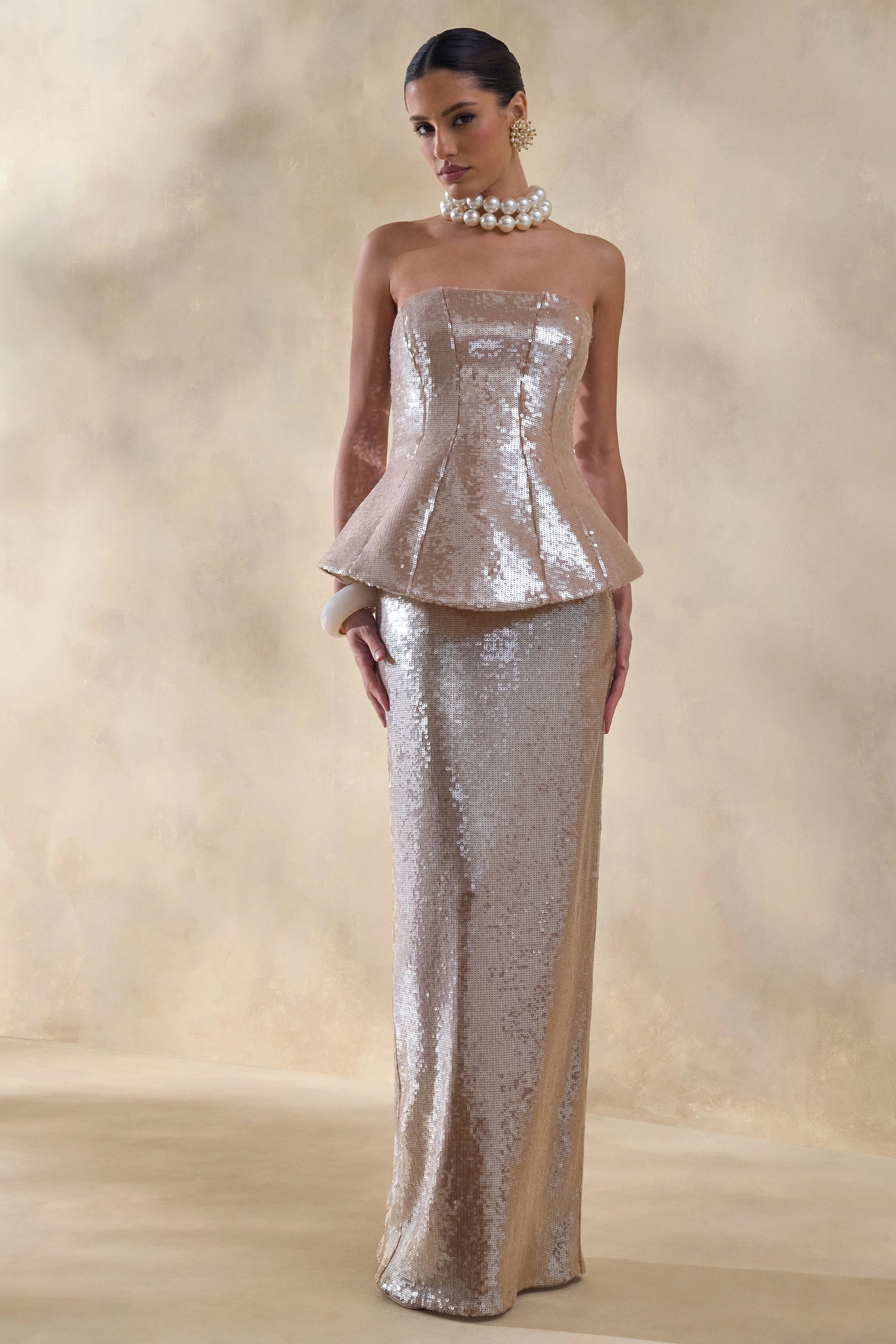 Dalisse Nude Sequin Bandeau Corset Maxi Dress