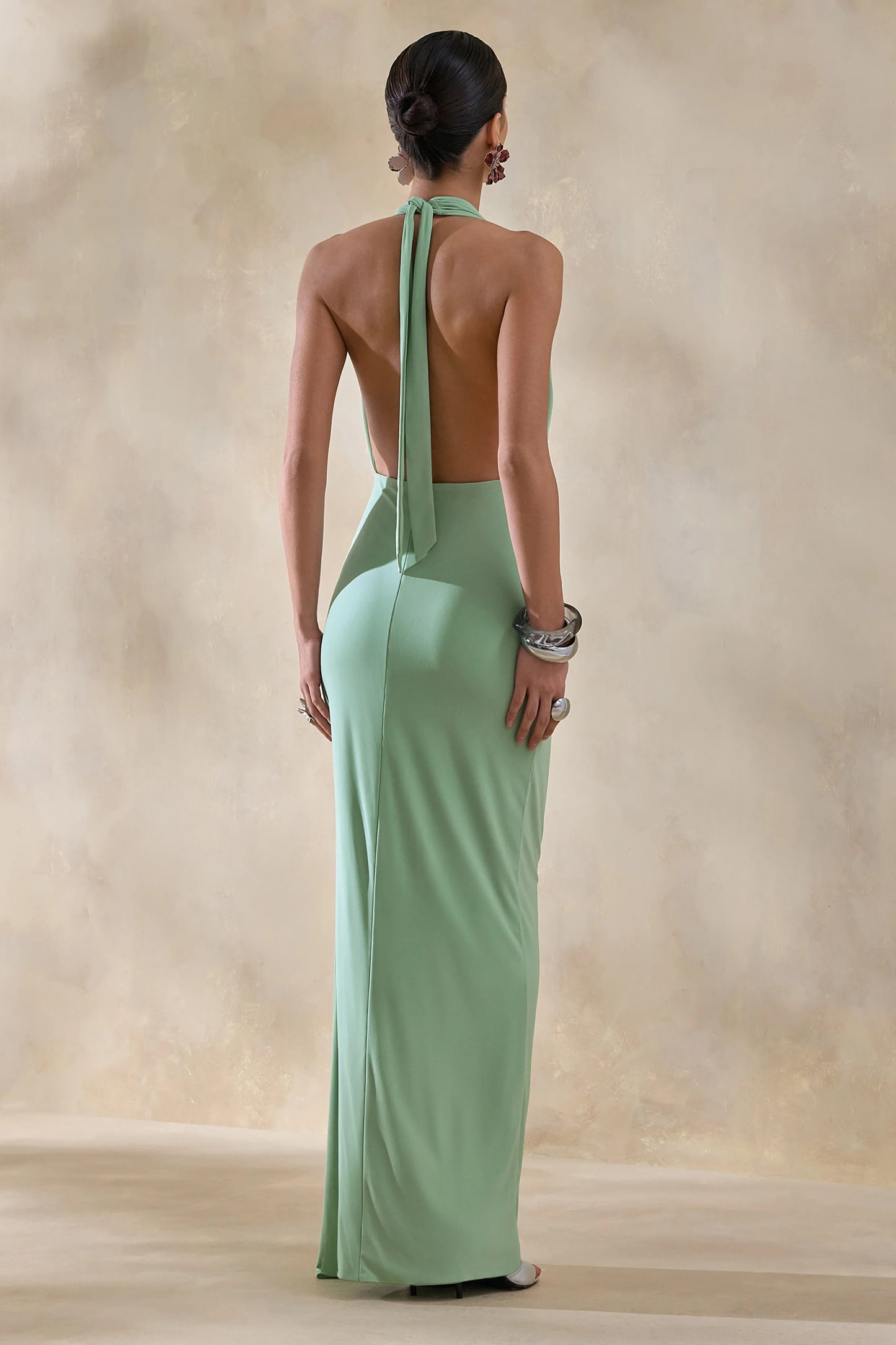Rosina Sage Halter-Neck Draped Maxi Dress With Sash