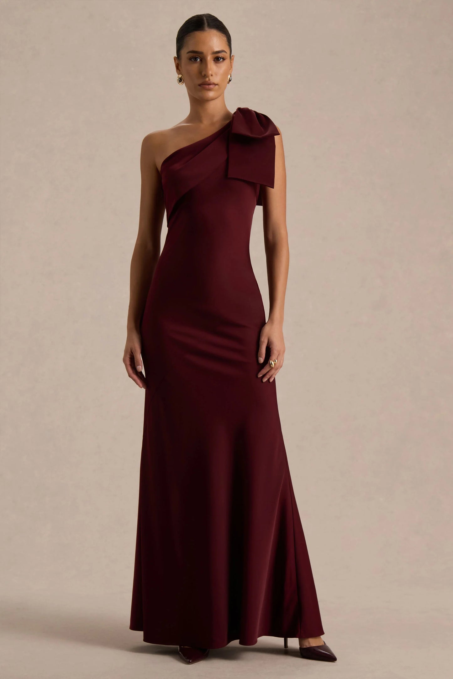 Josephine Burgundy Matte Satin Asymmetric-Neck Maxi Dress With Bow Detail