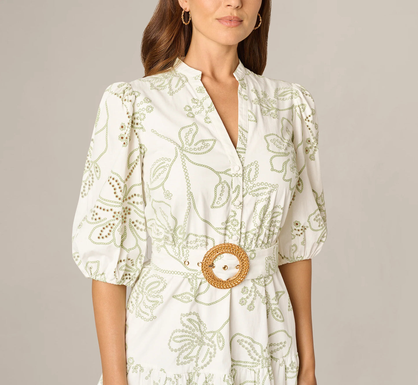Cotton Floral Eyelet Belted Short Dress In Ivory Sage