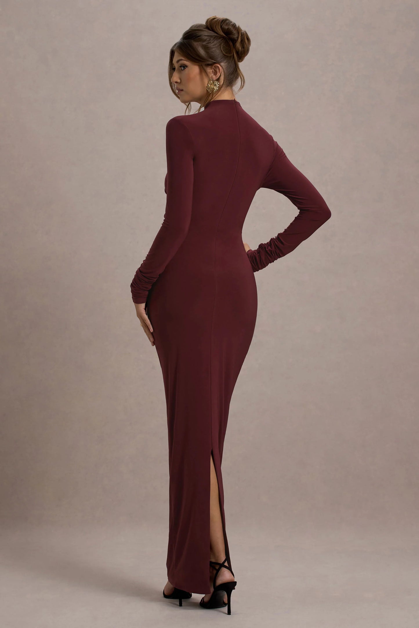 Hespera Port High-Neck Long-Sleeve Gathered Maxi Dress