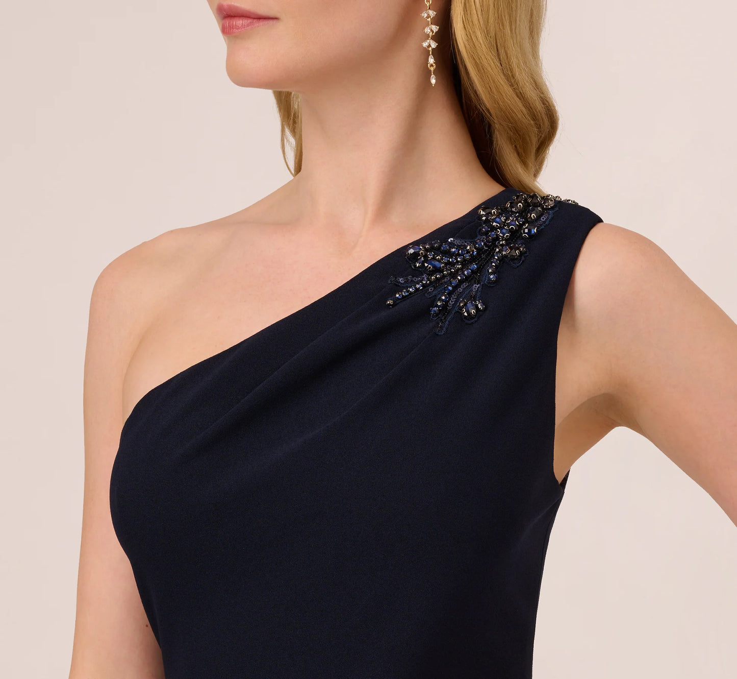 One Shoulder Ruffled Crepe Gown With Beaded Accent In Midnight
