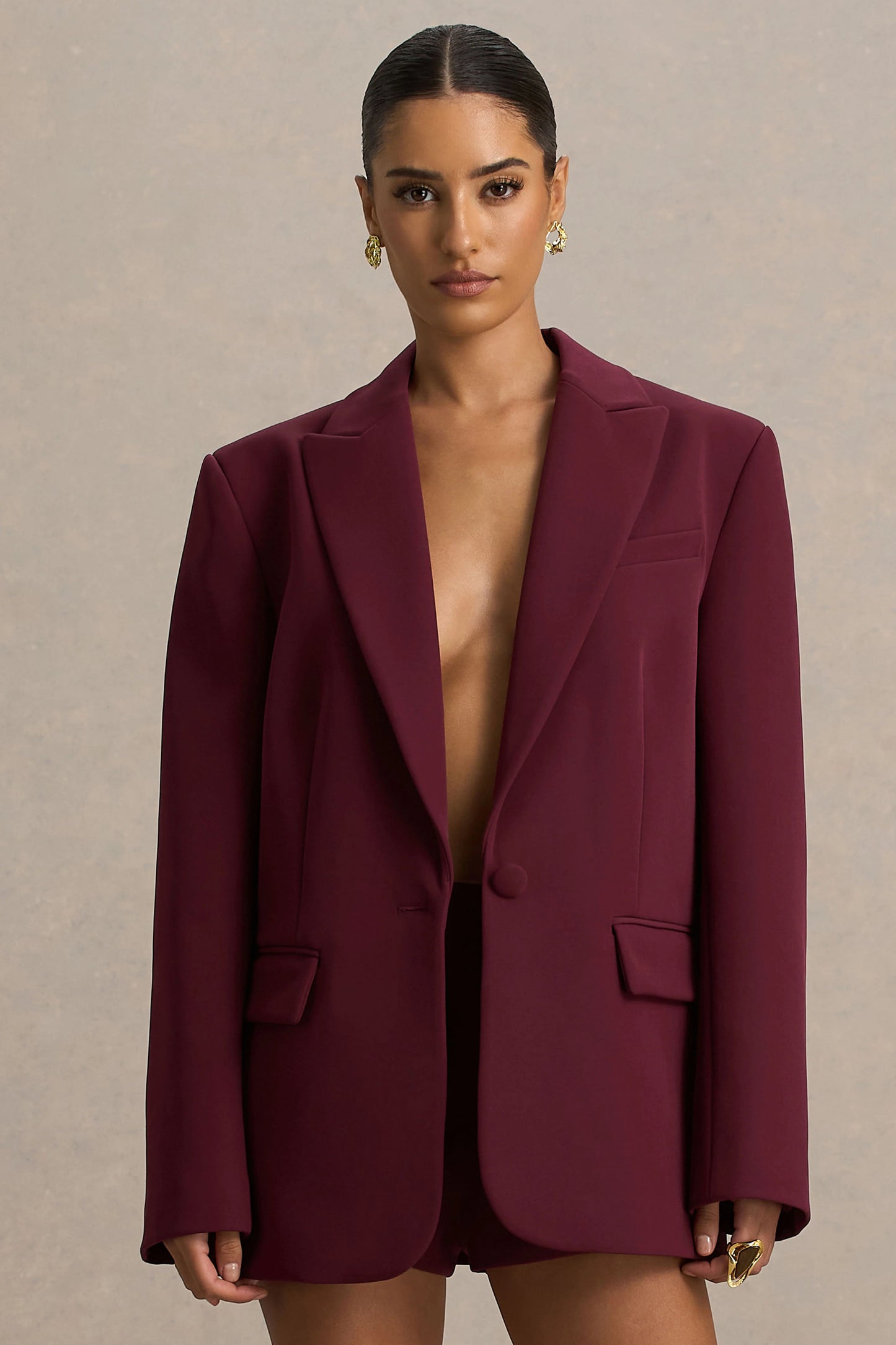 Katherine Burgundy Plunge-Neck Oversized Blazer