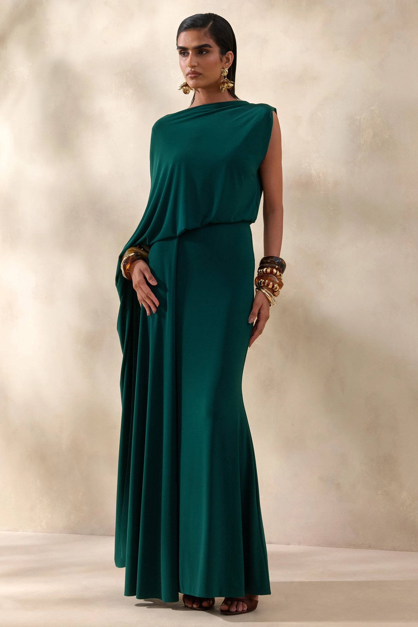 Carenza Dark Green Wide-Neck Maxi Dress With Cape-Sleeve