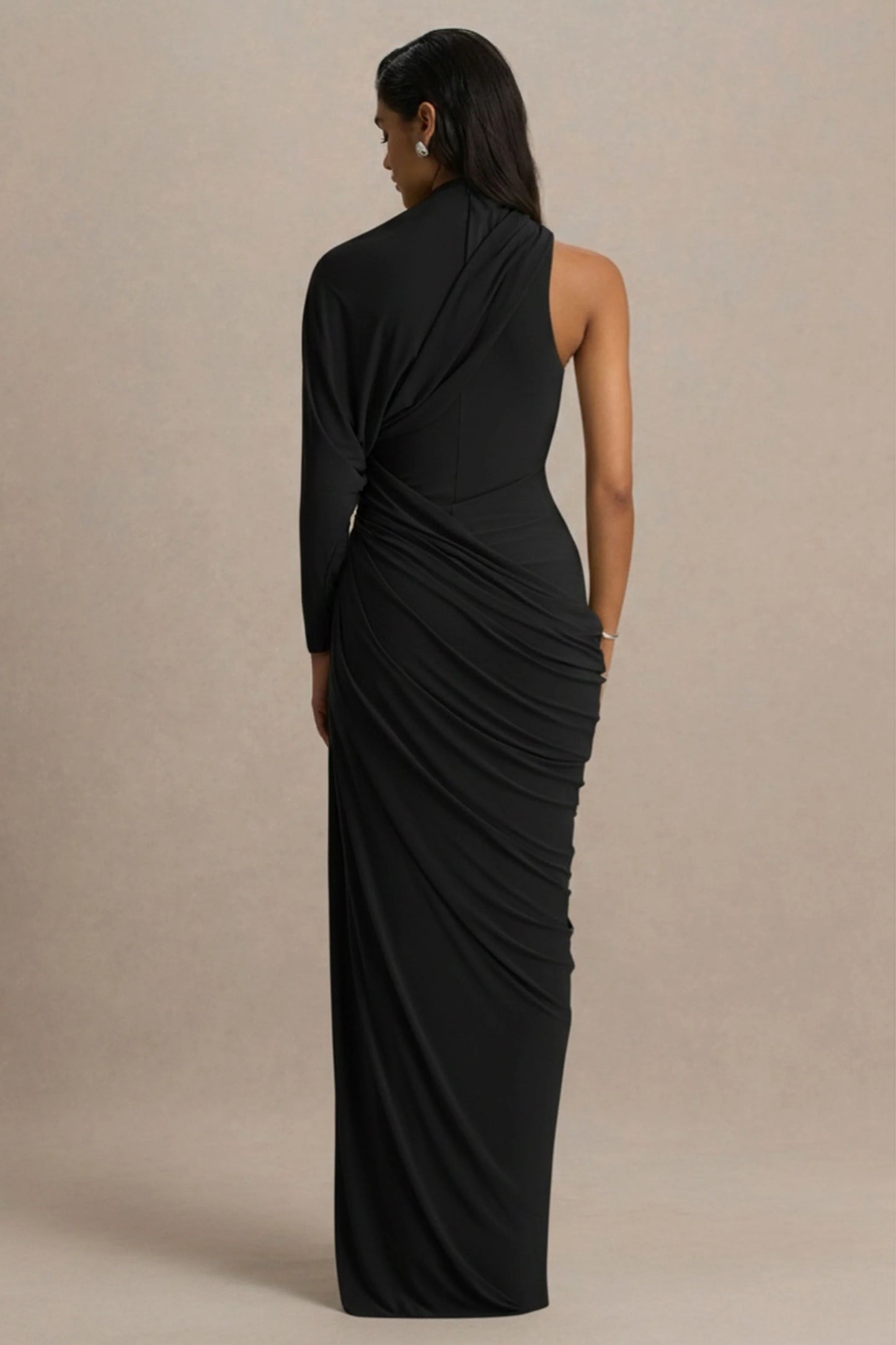 Aphra Black High-Neck Maxi Dress With Cape-Sleeve