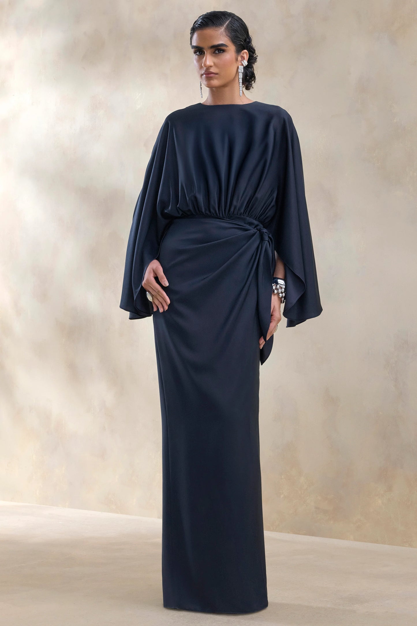 Delphina Navy Satin Maxi Dress With Gathered And Knot-Detail