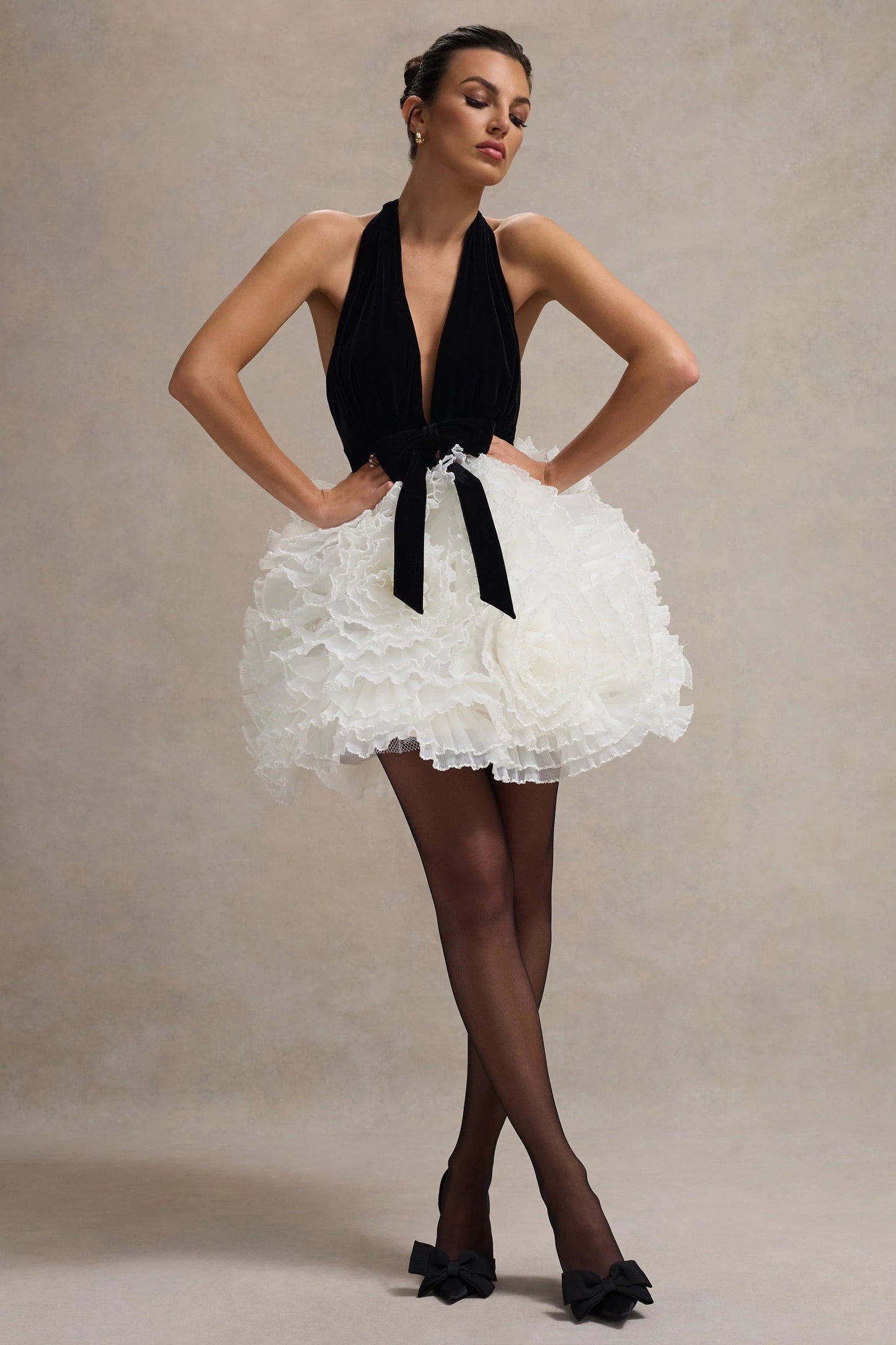 Meringue Black Velvet Plunge-Neck Mini Dress With Tulle Skirt