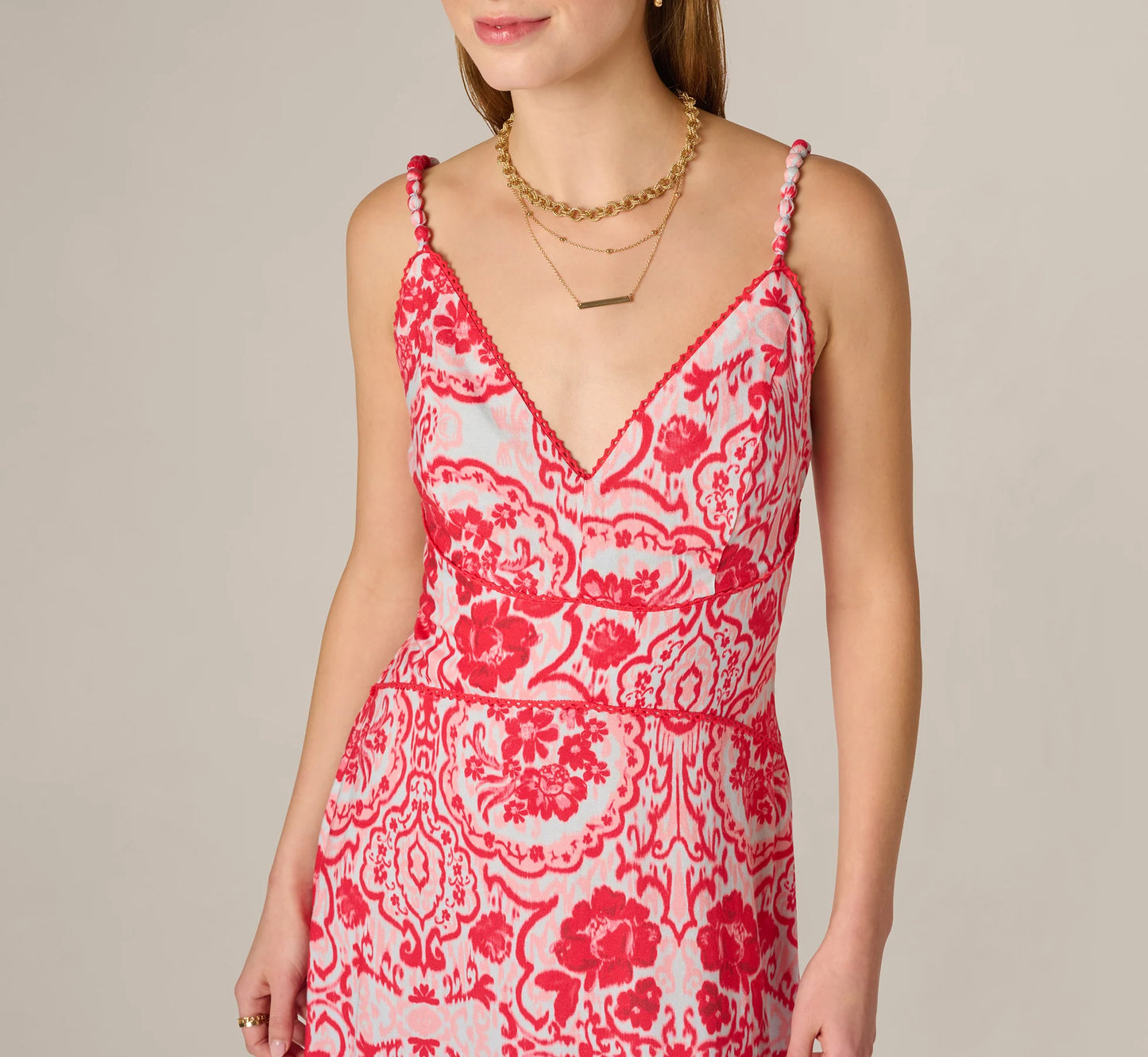 Crochet Trim Ikat Print Midi Sundress In Red Blue