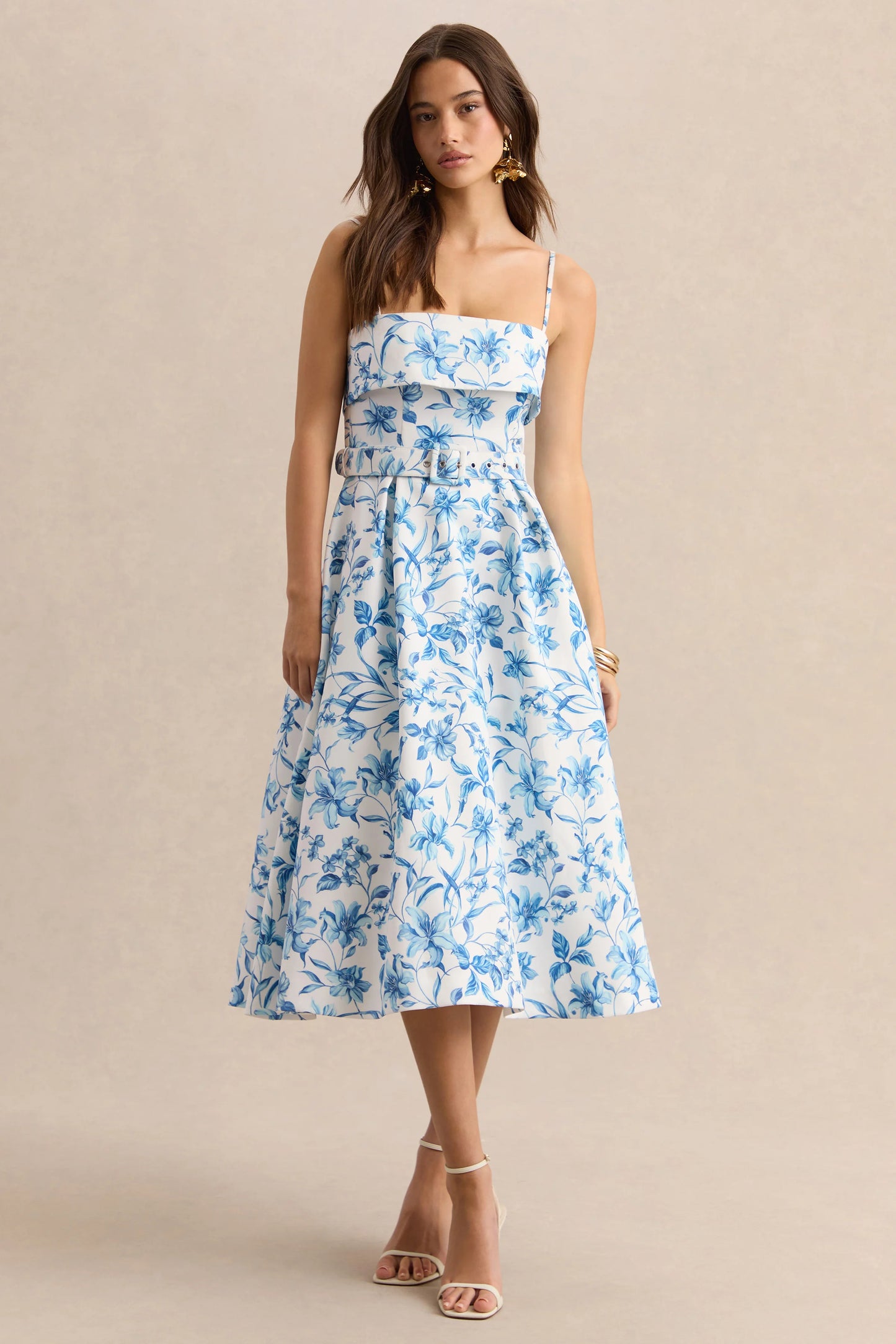 Devina Blue Porcelain Print Square-Neck Belted Midi-Dress