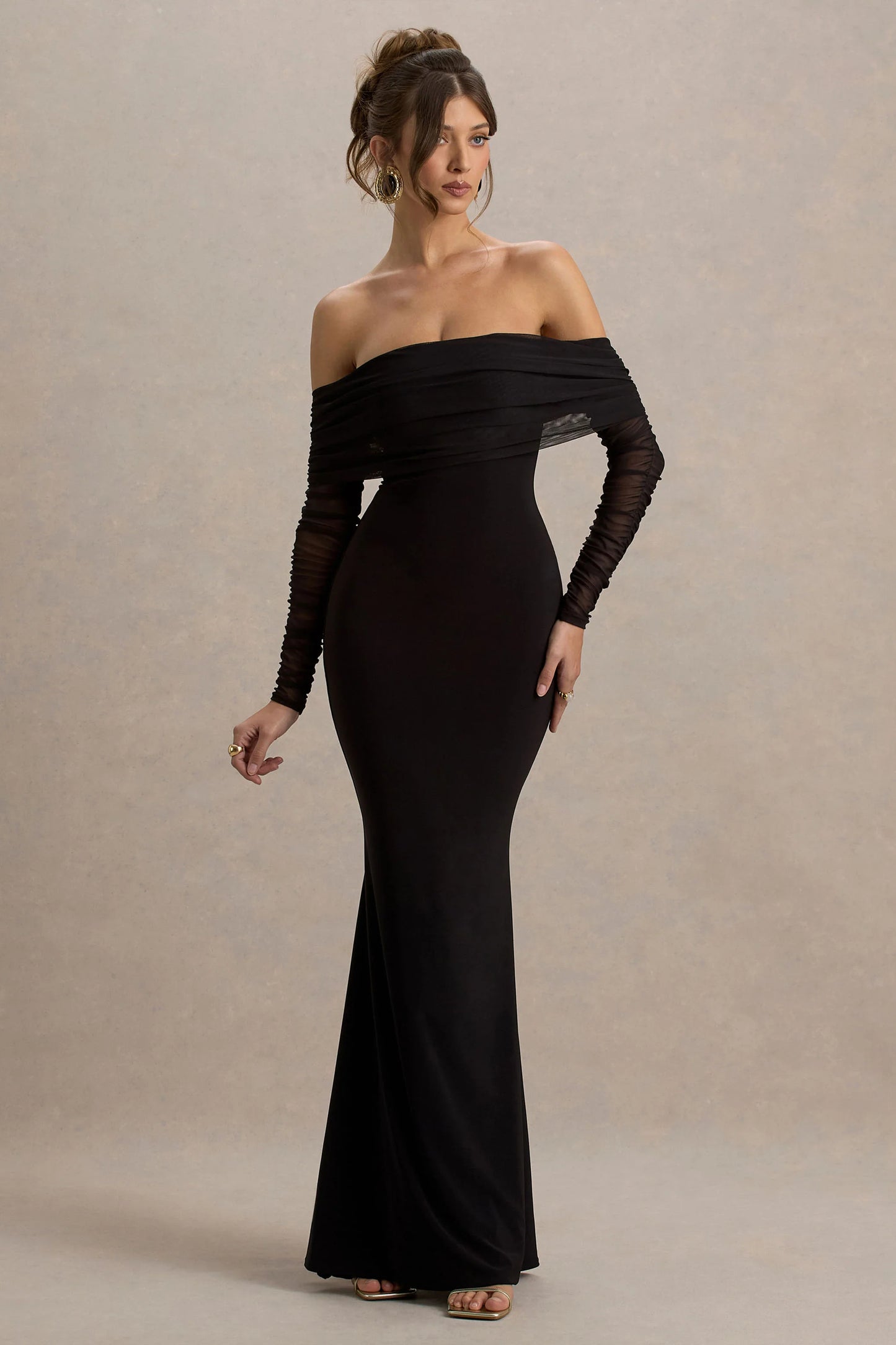 Madeleine Black Fishtail Maxi Dress With Bardot Mesh Long Sleeves
