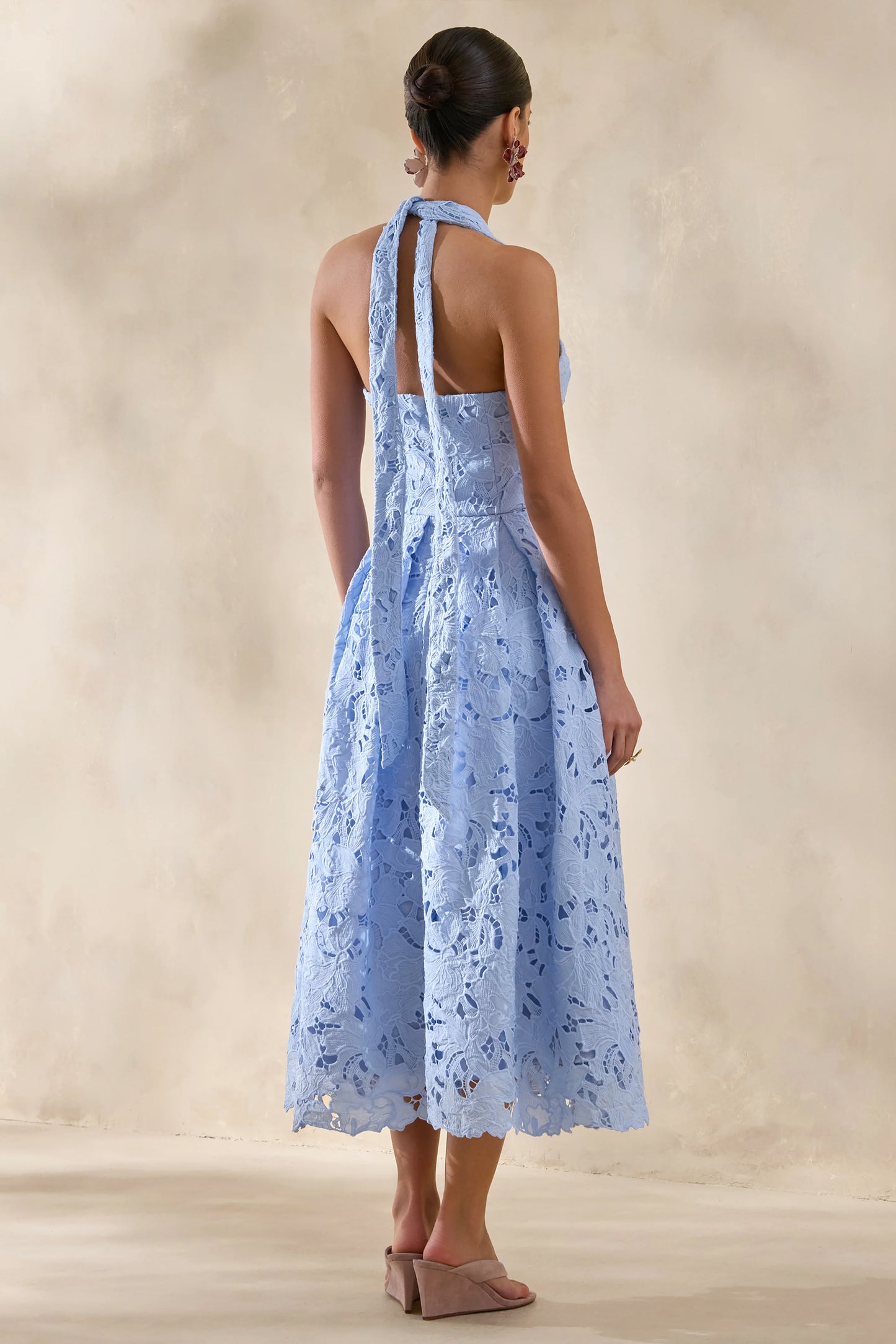 Maribel Powder Blue Lace Plunge-Neck Midi Dress