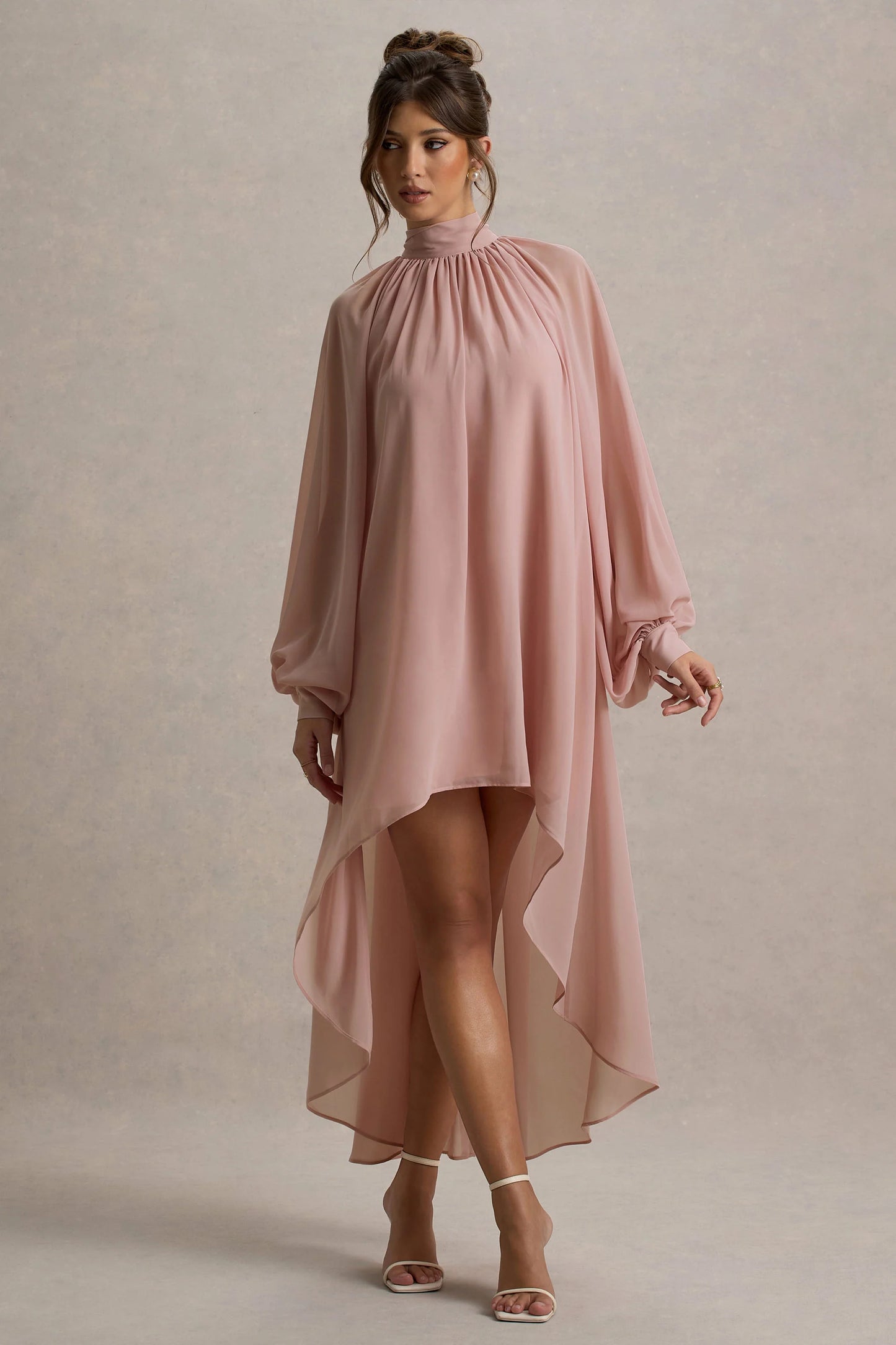 Delphia Pale Pink High-Neck Maxi Dress With High-Low Hem
