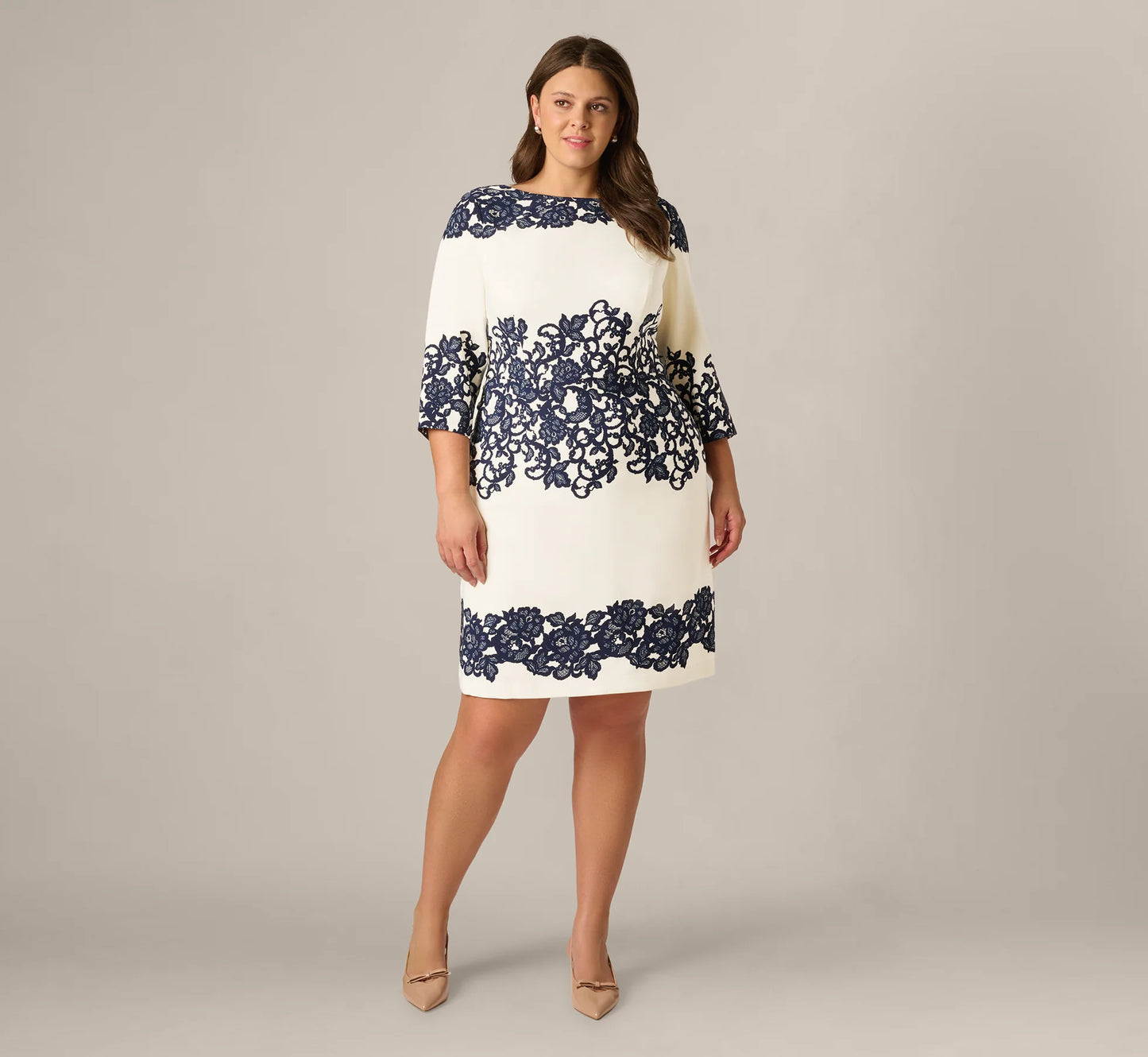 Plus Size Scroll Lace Midi Dress With Three Quarter Sleeves In Ivory Navy