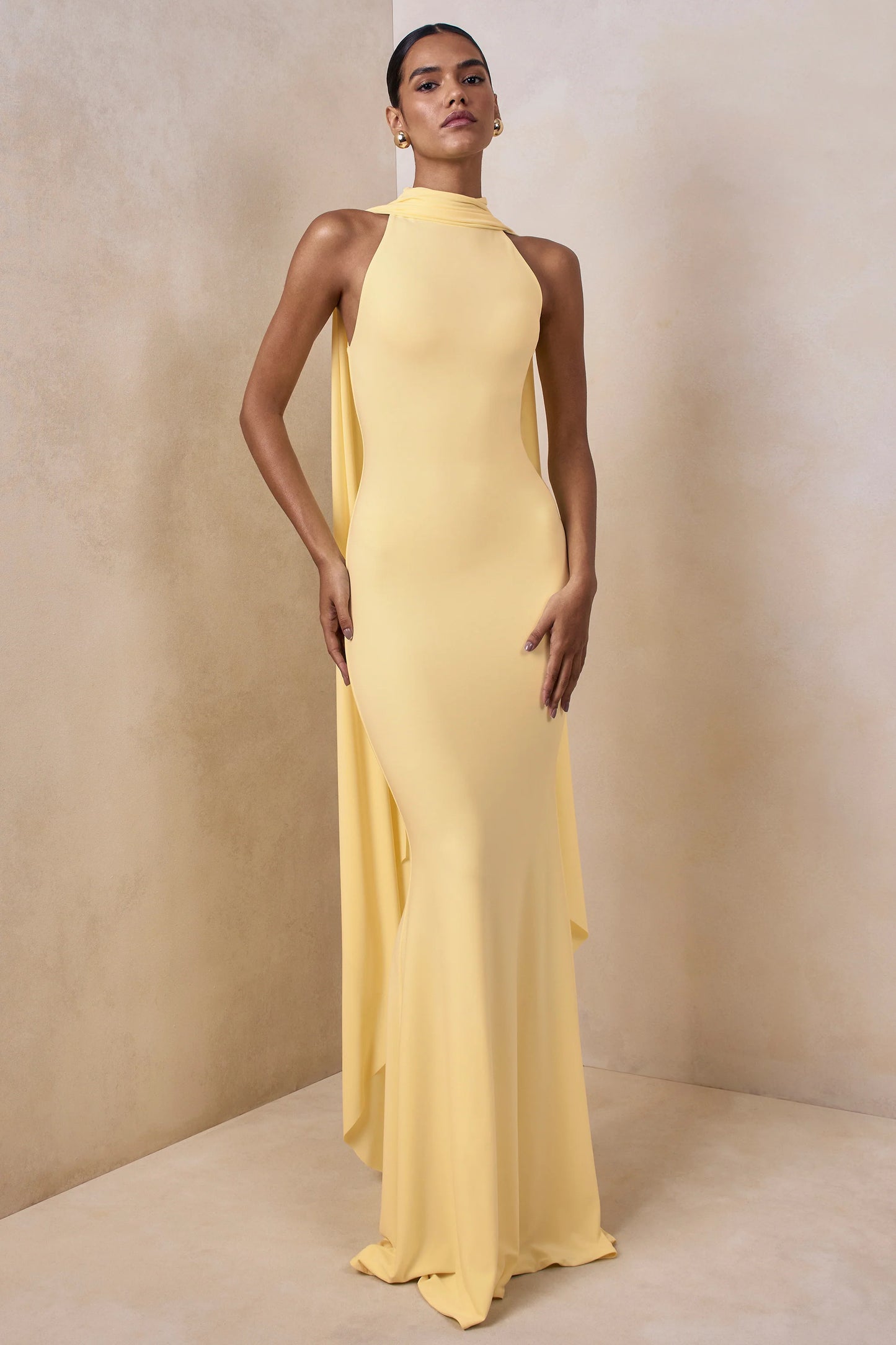 Cordy Lemon High-Neck Maxi Dress With Cape