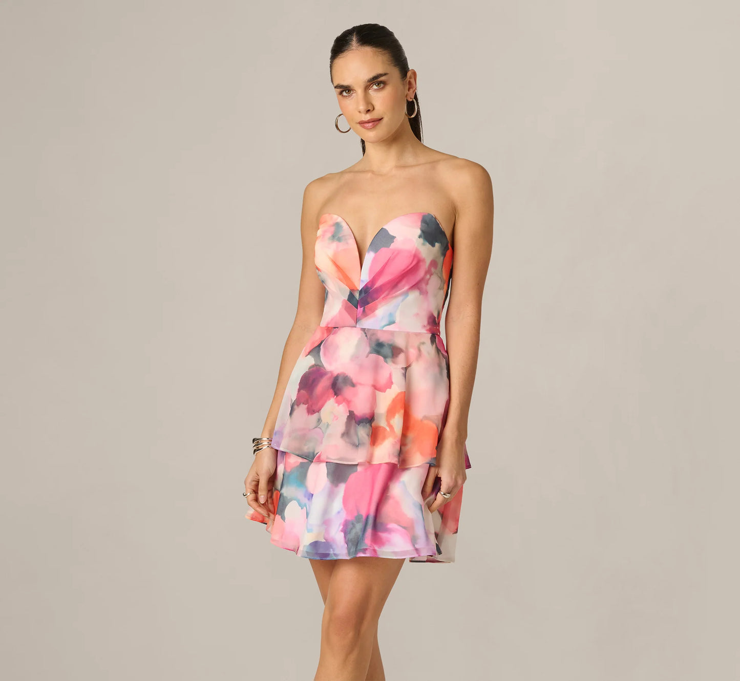 Watercolor Floral Chiffon Sweetheart Mini Dress In Pink Orange Multi
