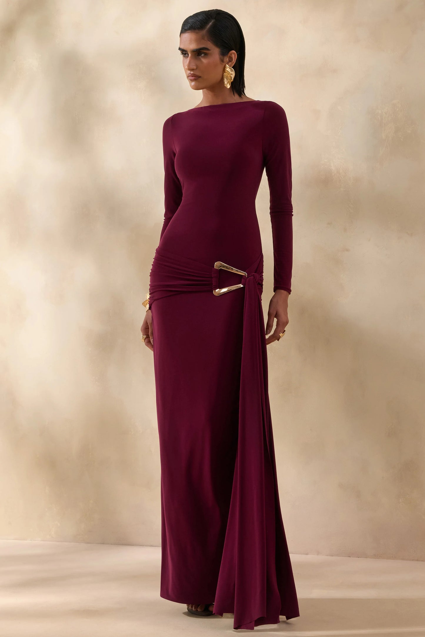 Astrielle Burgundy Wide-Neck With Gold-Detail And Sash