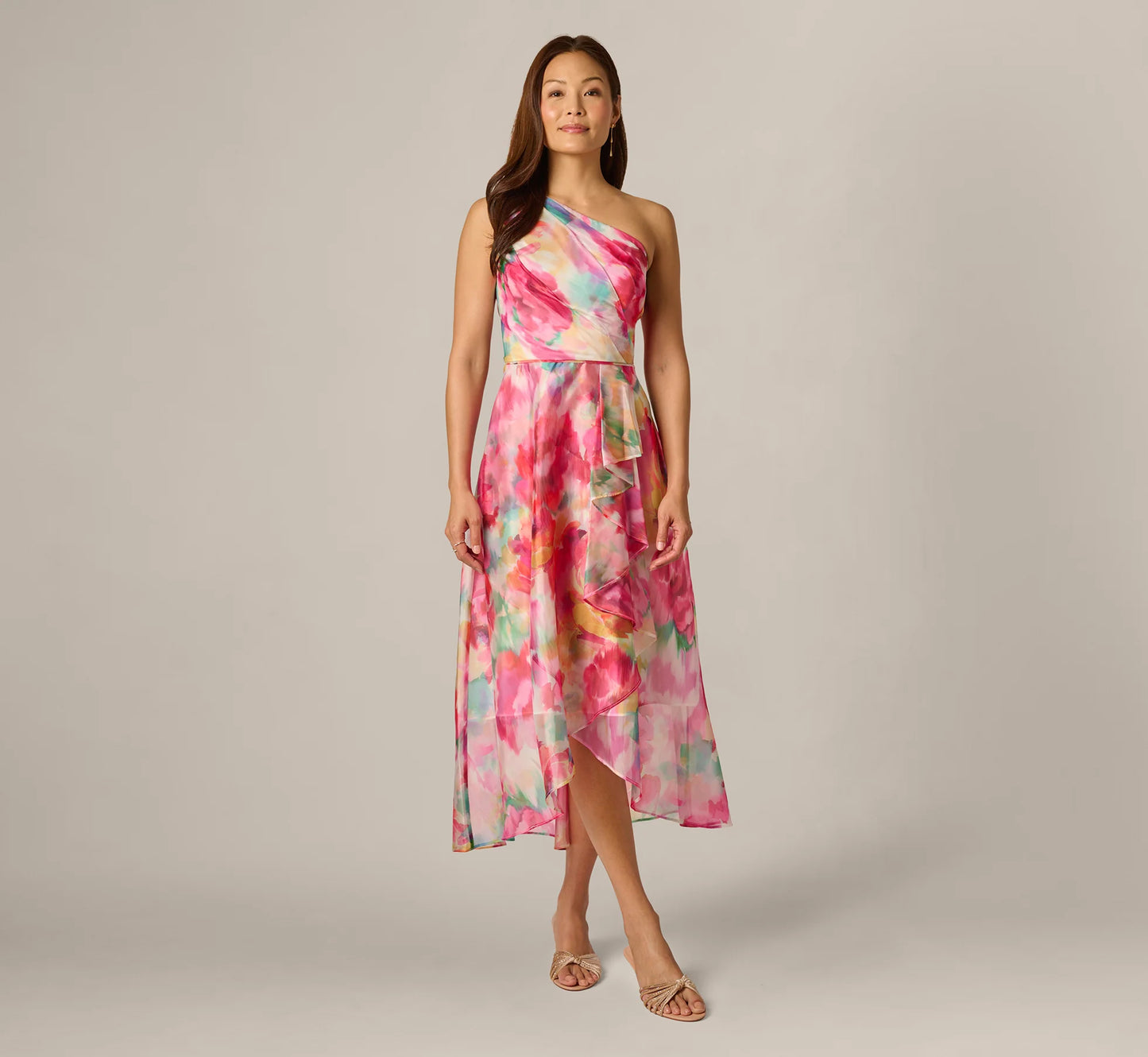 Petite One Shoulder Watercolor Organza High Low Midi Dress In Ivory Multi