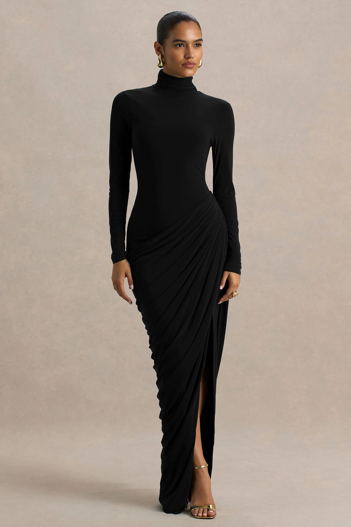 Betsy Black High-Neck Maxi Dress With Front Split And Ruched Detailing