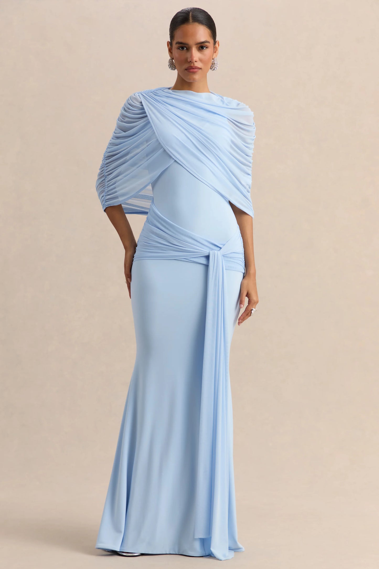 Mirene Powder Blue Round-Neck Maxi-Dress With Gathered-Detailing And Sash