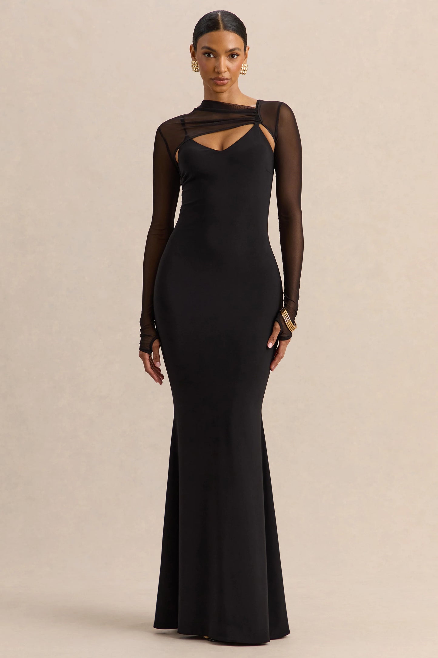 Coralia Black Asymmetric-Neck Maxi Dress With Mesh Long-Sleeves