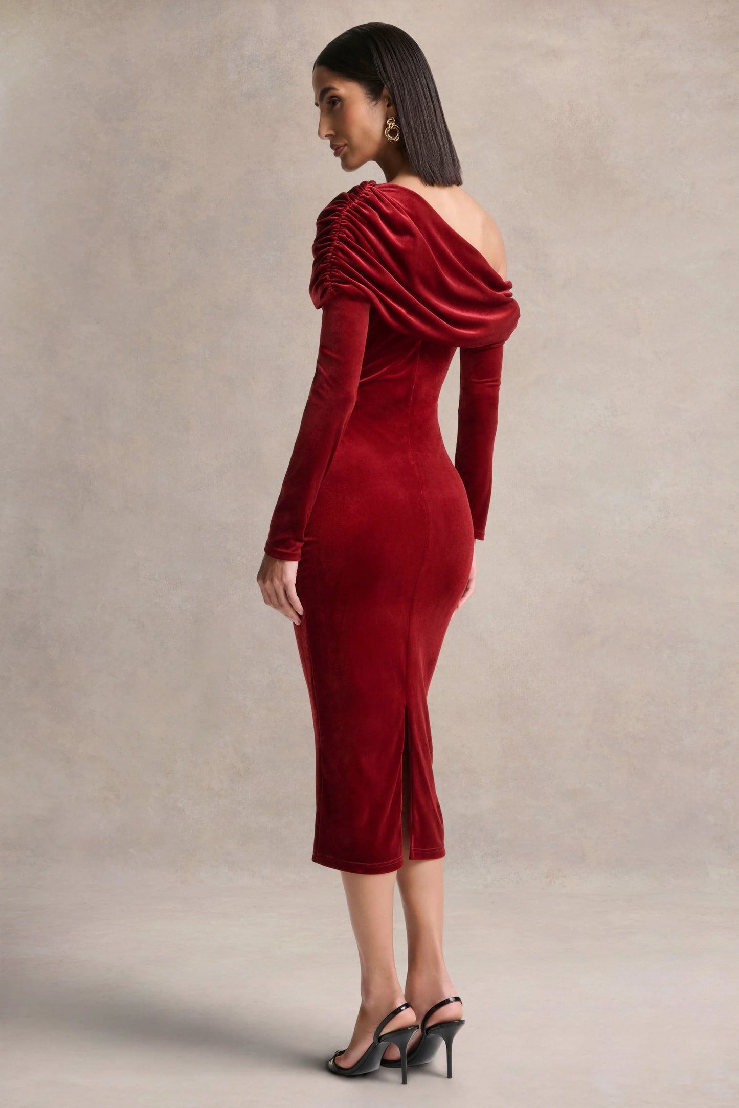 Eirene Red Velvet Asymmetric-Neck Midi Dress
