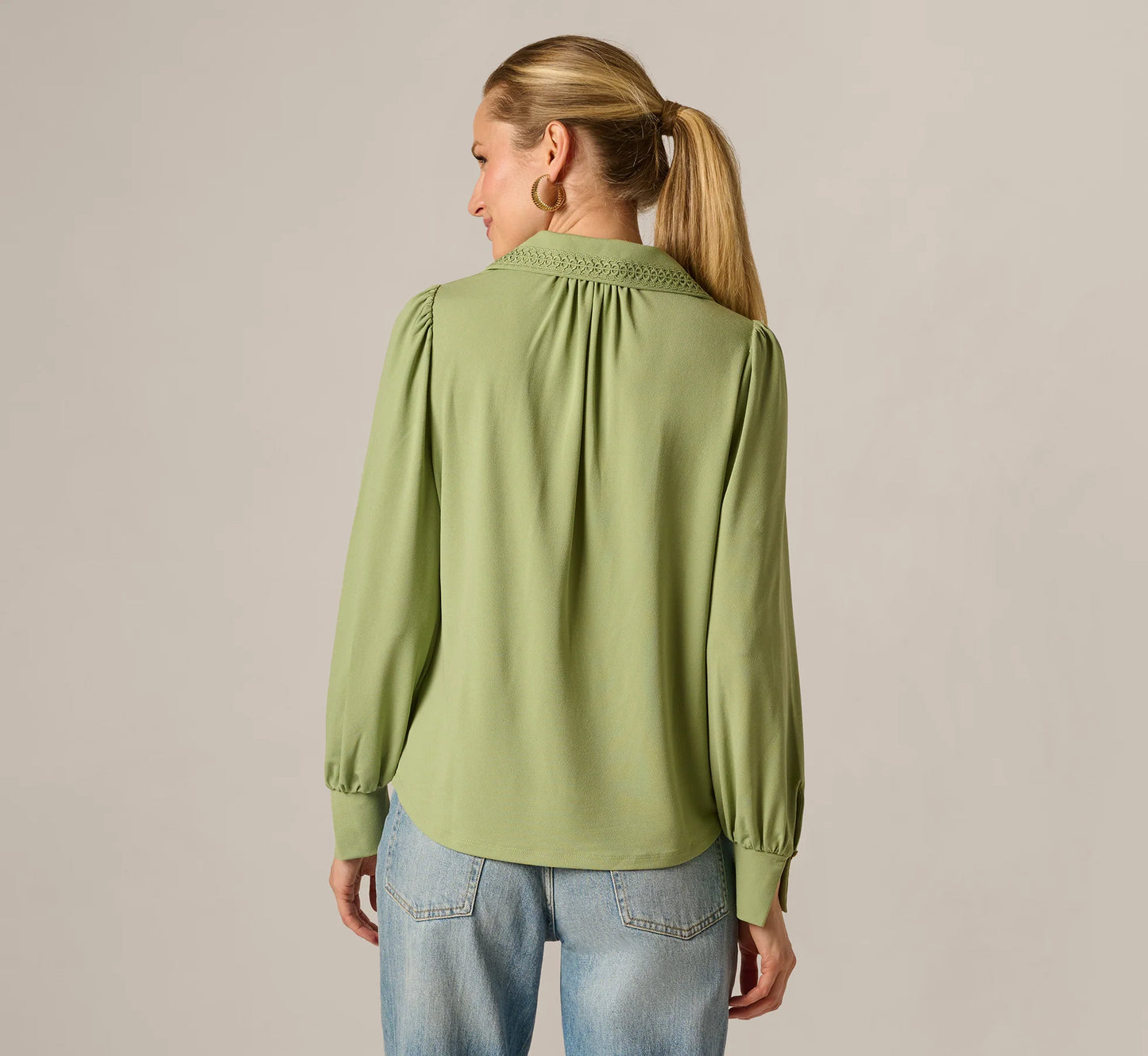 Bishop Sleeve Embroidered Blouse In Eucalyptus