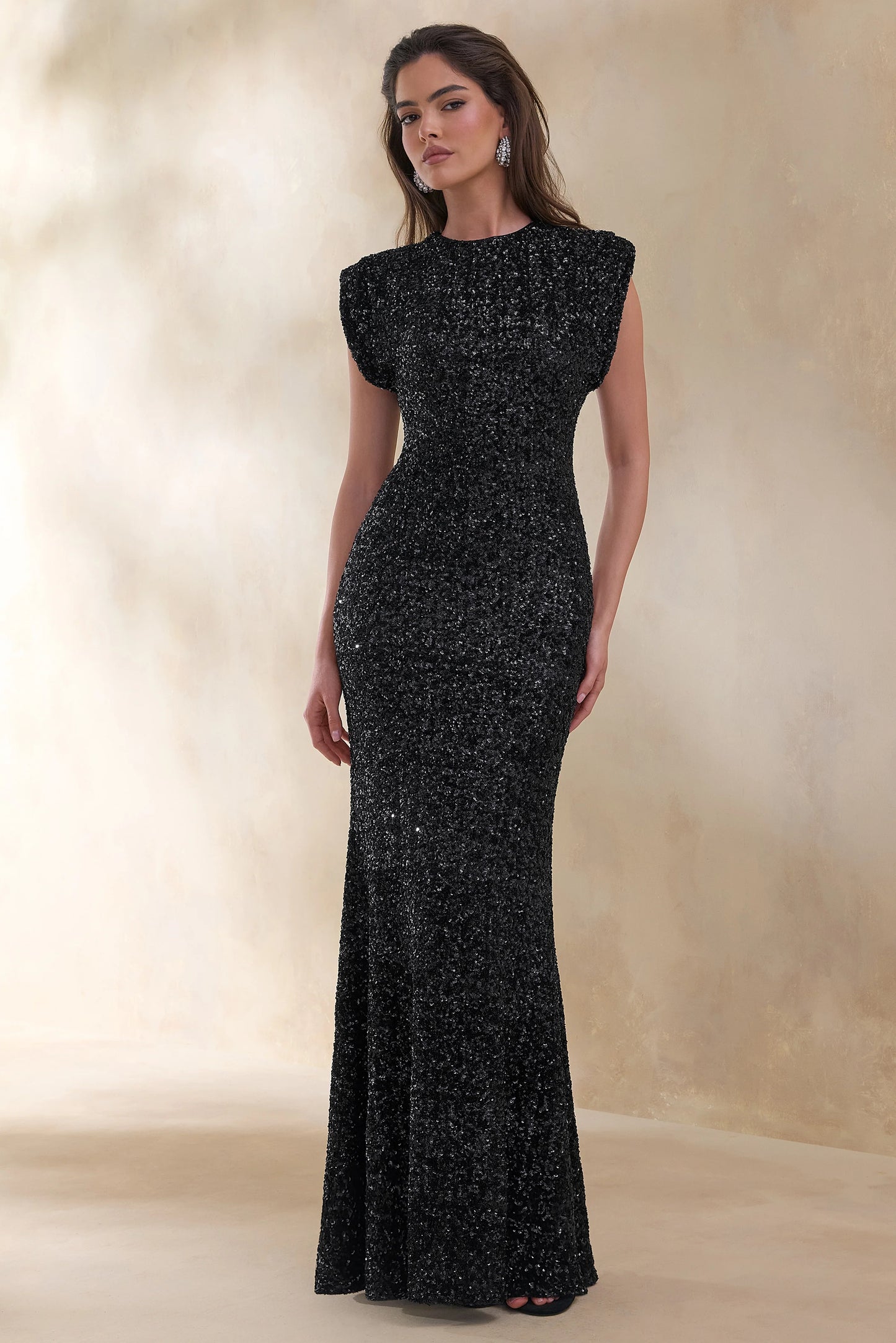 Aurah Black Sequin Crew-Neck Maxi Dress With Cap Sleeves